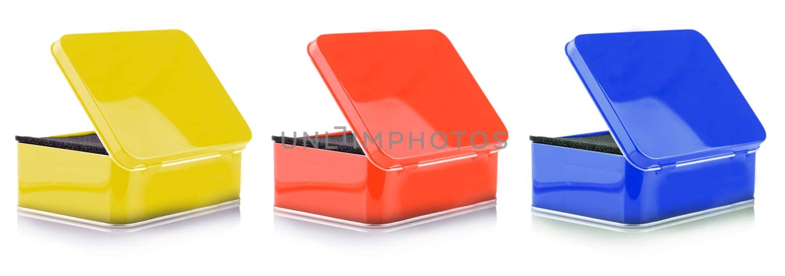 The Set of Closed Empty colored metal box close-up isolated on white background