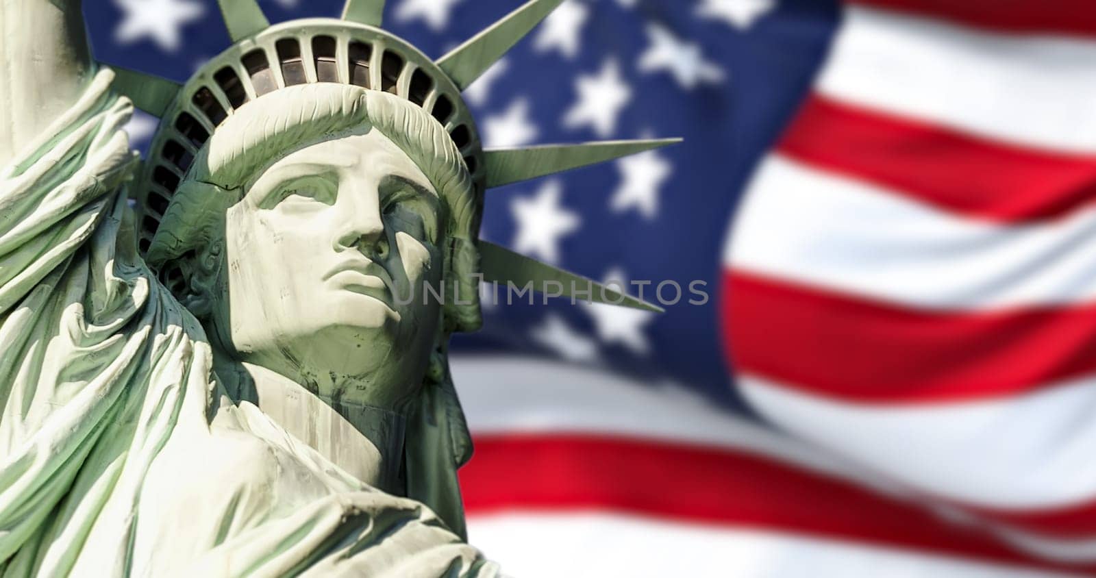 the statue of liberty with blurred american flag waving in the background. Democracy and freedom concept.
