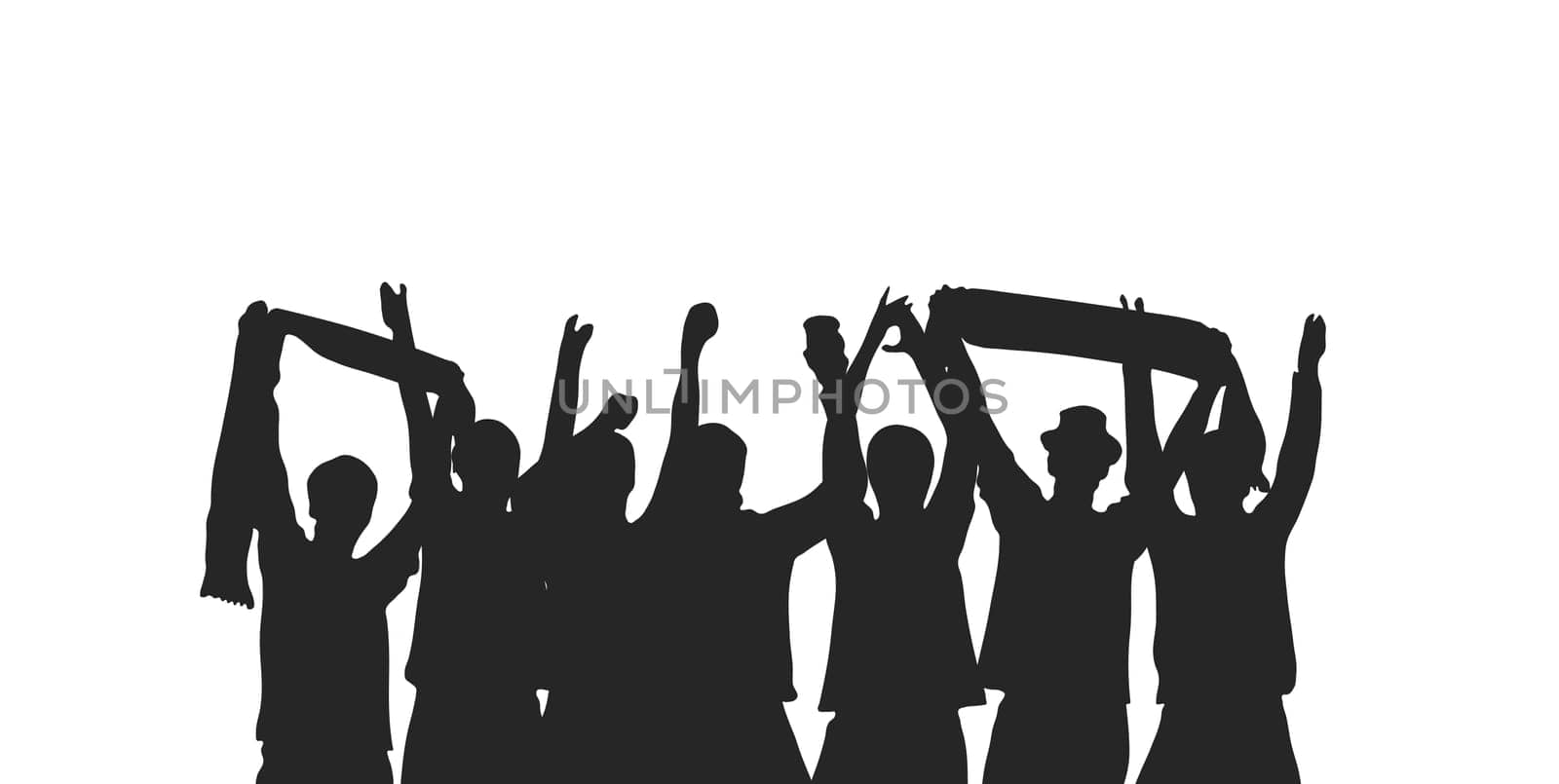 Silhouette showing group of celebrating sport, football or music fans
