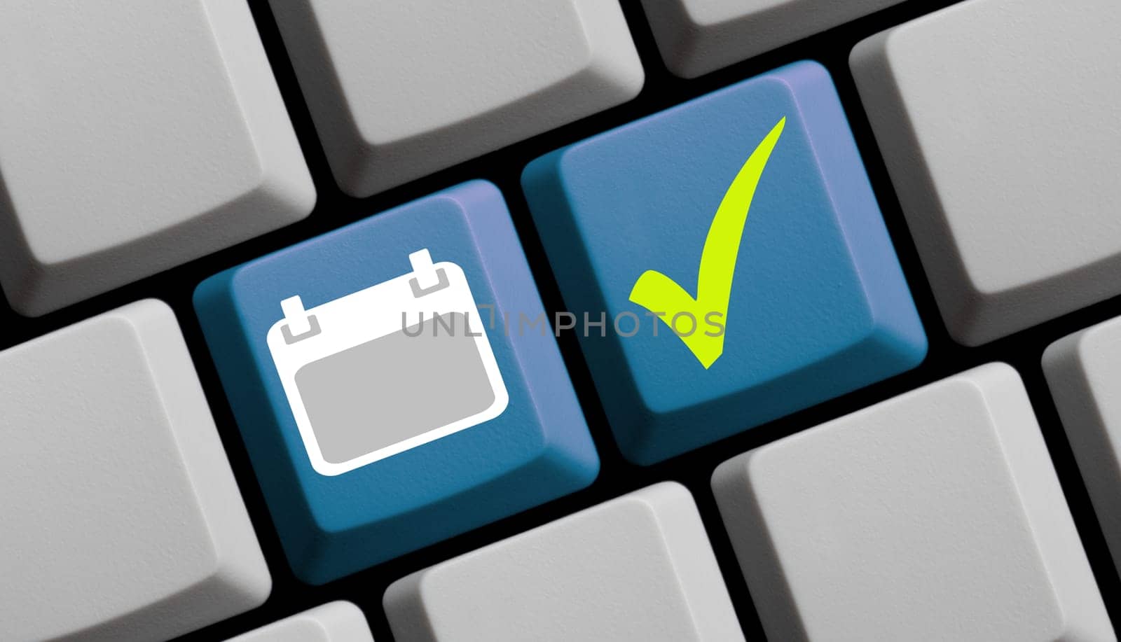 Blue computer keyboard showing calendar and checkmark