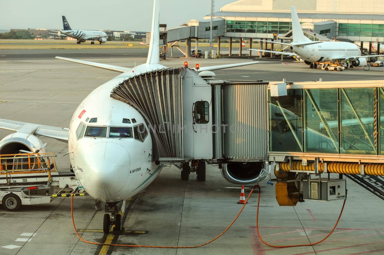 Prague, Czech Republic - July 28th, 2018: Tailwind Boeing 737-400 aircraft docked, refuelling at Ruzyne, Vaclav Havel Airport. This turkish charter airline operates summer season flights from Czechia.