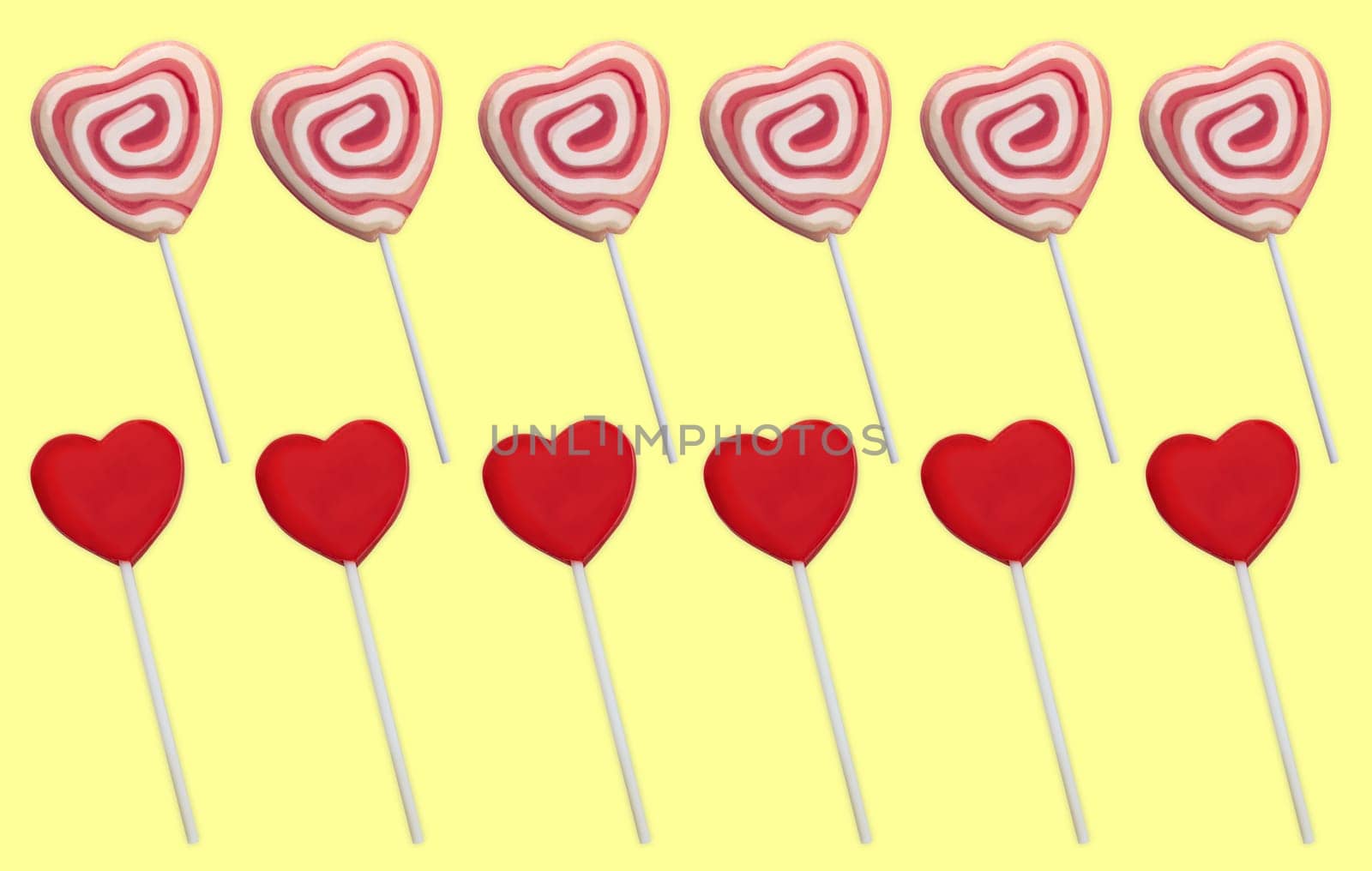 Colorful Lollipops collage isolated over yellow background