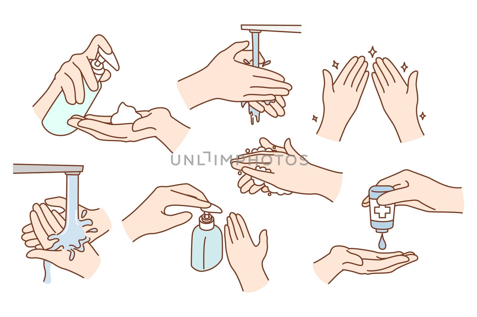Set of person wash sanitize hands protect from covid-19 pandemics. Collection of caring people clean using sanitizer or liquid soap for coronavirus prevention. Healthcare. Vector illustration.