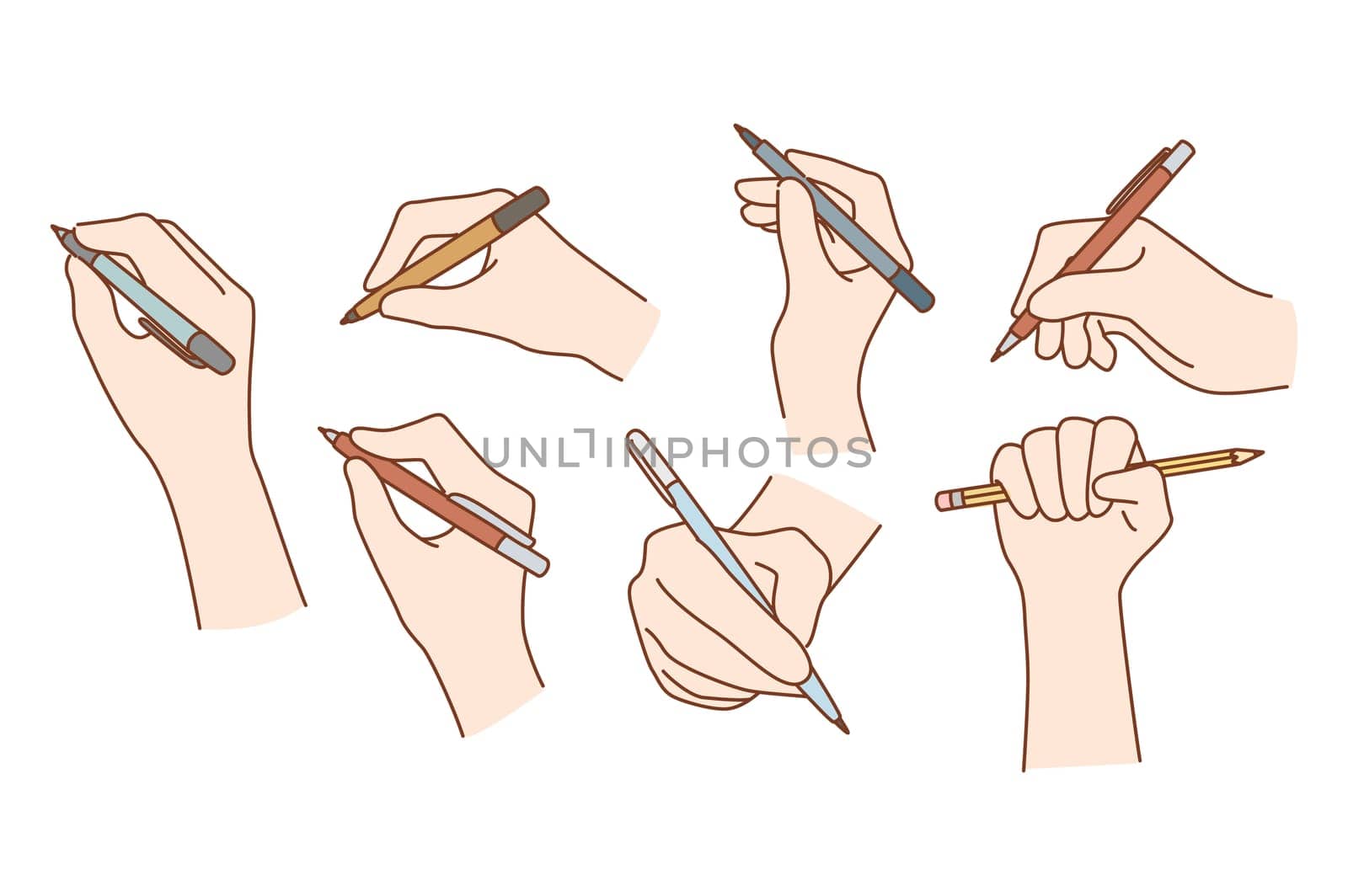 Set of hands of people with pens and pencils writing or taking notes. Collection of person with writing tools handwrite or summarize. Education and learning concept. Vector illustration.