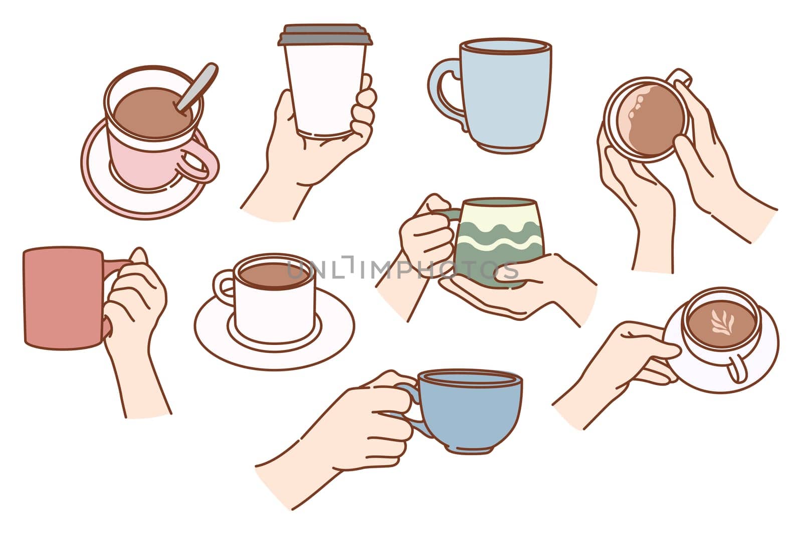Set of person hold mugs enjoy coffee in cafe or home. Collection of people with takeaway or casual cups drink warm tea or cappuccino in coffeeshop or house. Flat vector illustration.