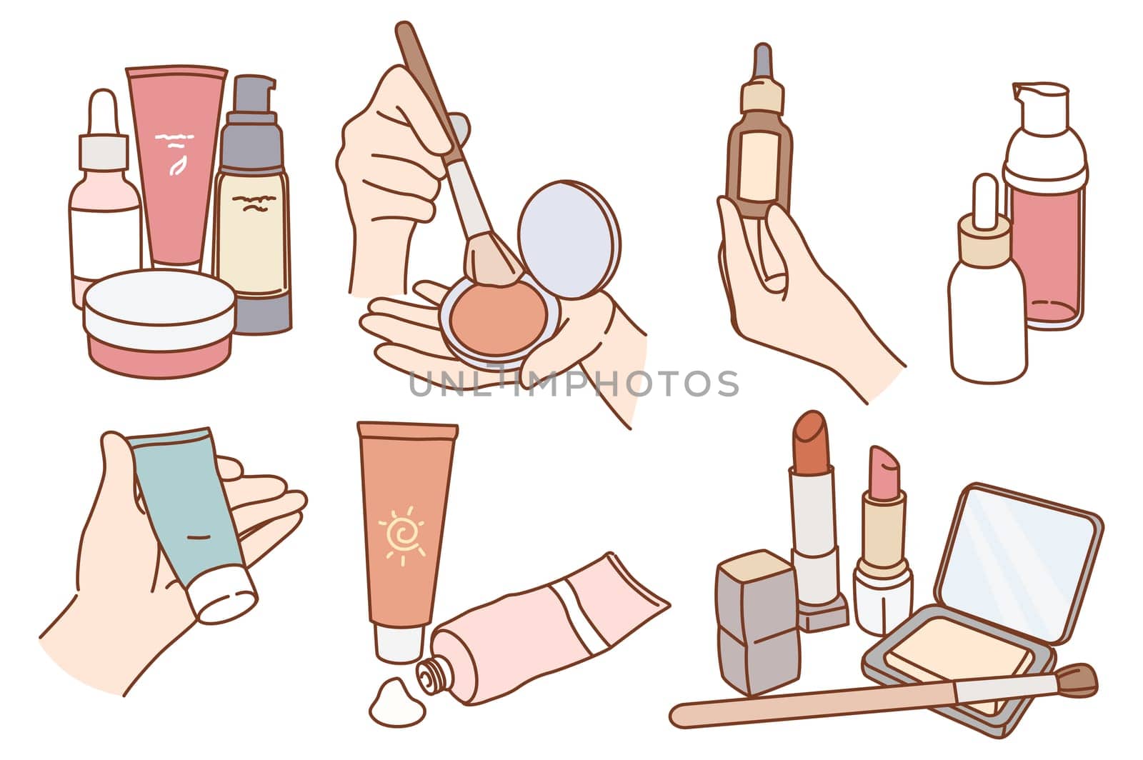Set of diverse beauty products for makeup. Collection of cosmetics items for face make up. Women daily beauty skincare routine or treatment. Female hygiene and care. Vector illustration.