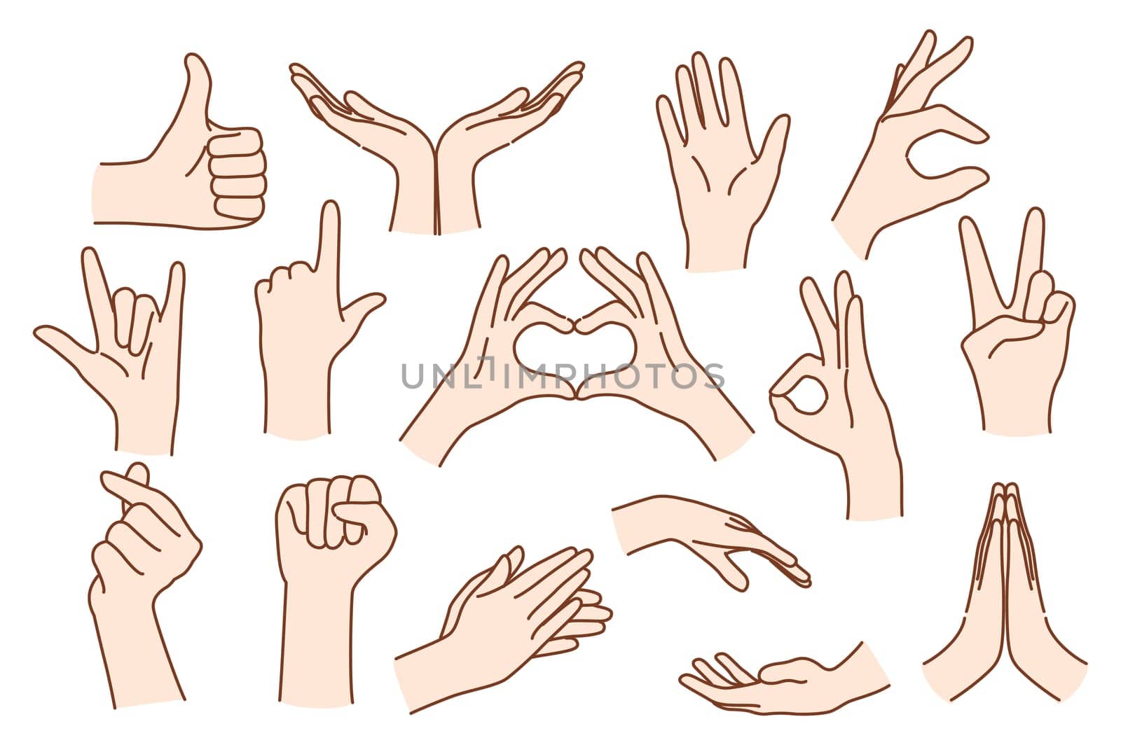 Set of person hands show gestures use sign language