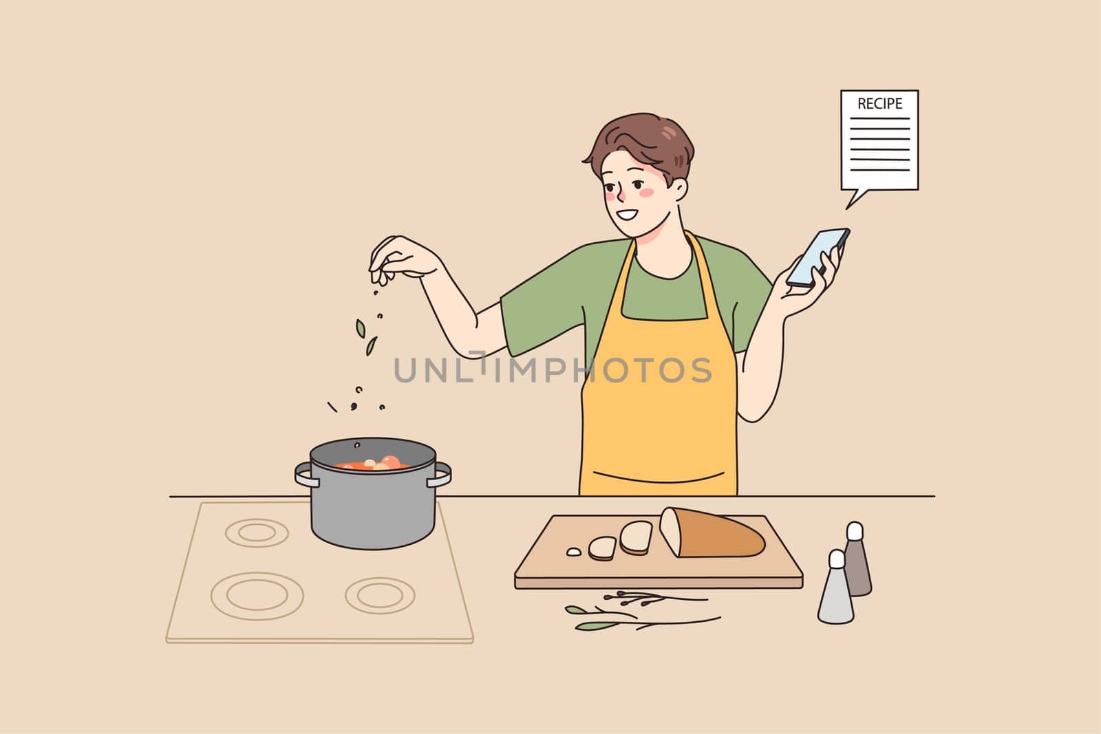 Smiling man cooking soup at home kitchen follow recipe on smartphone screen. Happy male chef prepare delicious food for dinner with online instruction on cellphone. Vector illustration.