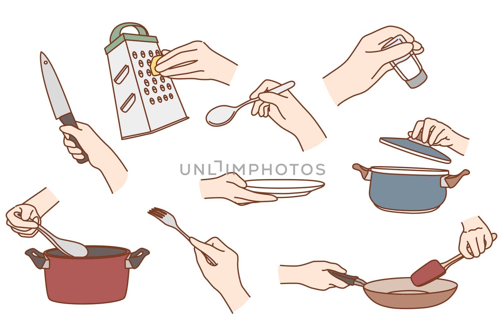 Set of person use kitchen tool prepare food at home or restaurant. Collection of hand cooking utensils or equipment meal preparation. Chef cook classes concept. Vector illustration.