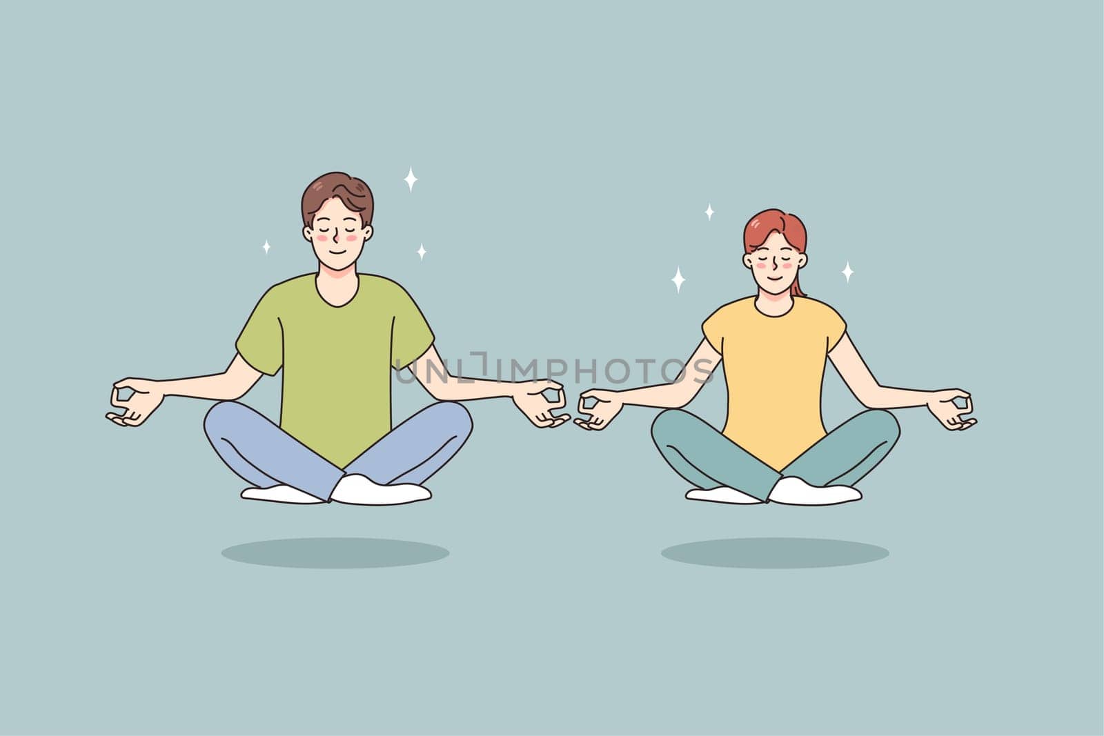 Calm man and woman with mudra hands meditate in lotus position clear thoughts. Happy couple practice yoga with eyes closed relieve negative emotions breathe fresh air. Vector illustration.
