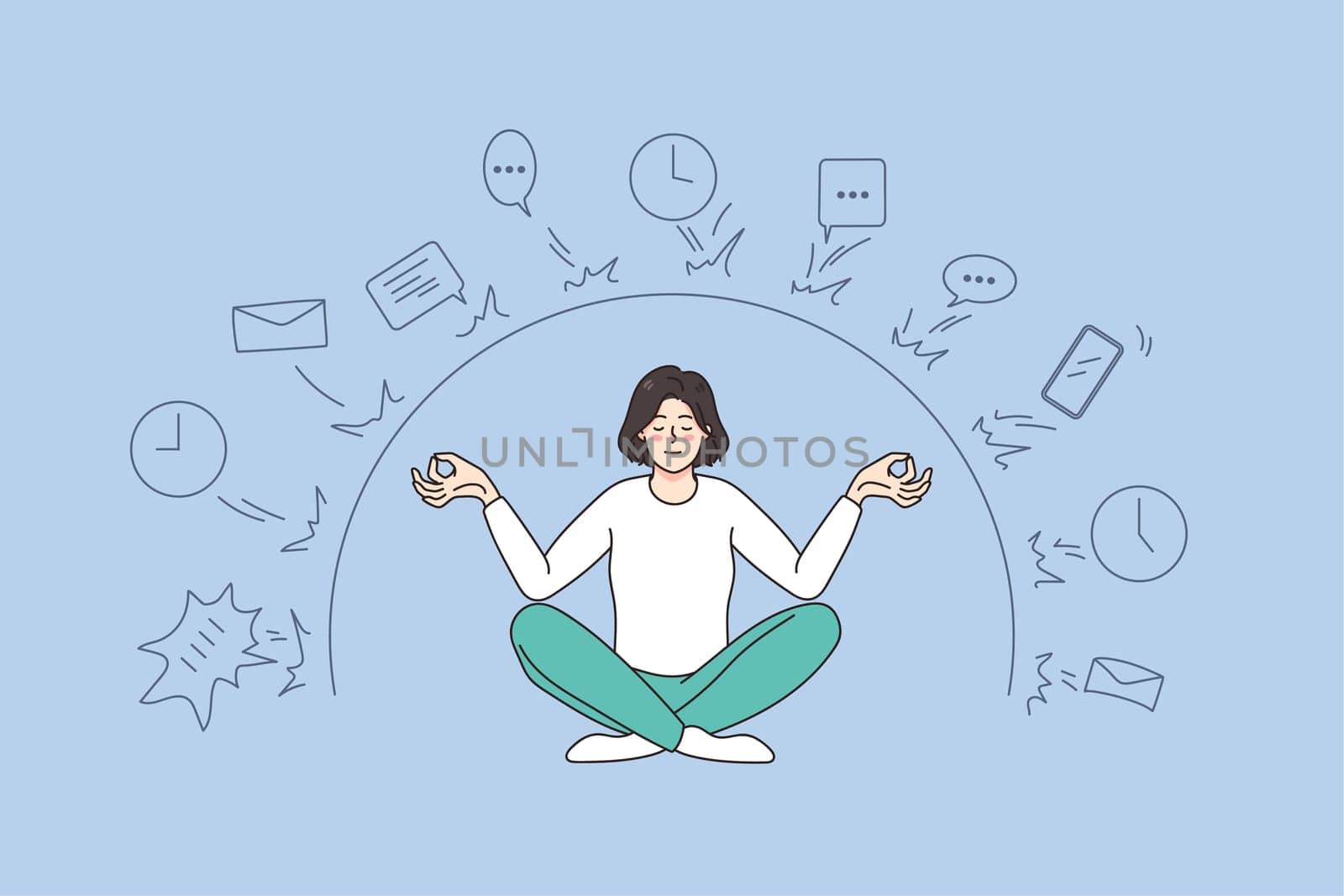 Calm woman sit in lotus position meditate distract from work deals and job troubles. Relaxed female practice yoga have digital detox. Meditation concept. Stress free. Vector illustration.