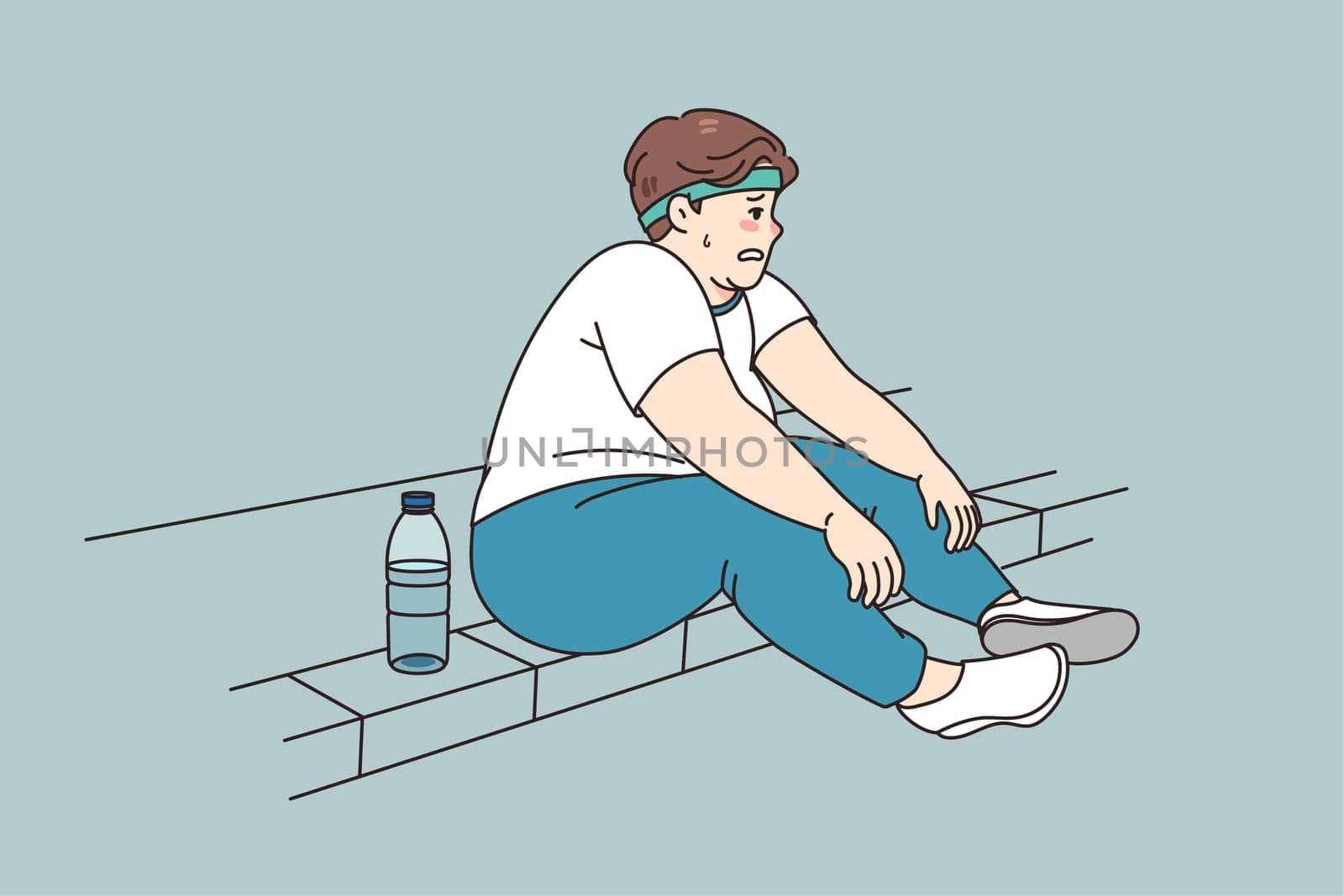 Tired fat man sit on sidewalk feel exhausted after exercising outdoors losing weight. Unhappy obese male have difficulties workout training in park. Diet and sport, weightloss. Vector illustration.