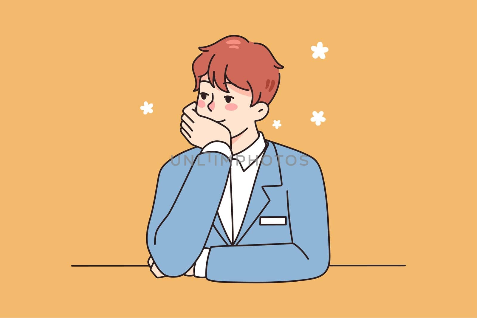 Male concierge sit at desk look in distance dreaming and imagining. Man administrator feel bored at workplace in hotel or business center, lost in dreams and thoughts. Vector illustration.