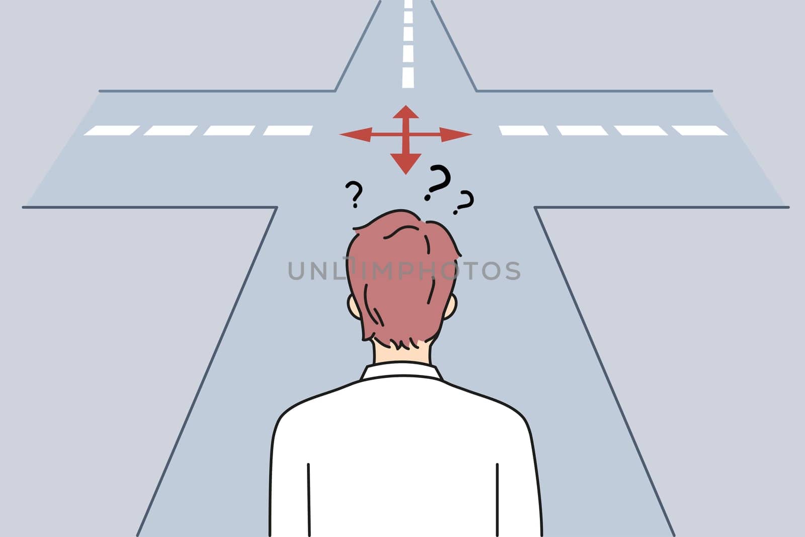 Frustration and choosing way concept. Businessman standing backwards and thinking trying to choose between many opportunities and ways making choice vector illustration