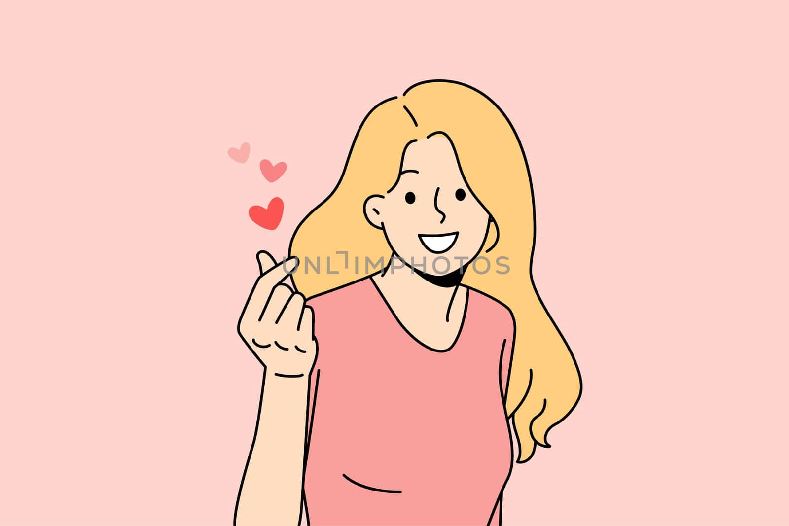 Expressing love and romance concept. Young positive girl feeling love and care in fingers and hands over pink air background vector illustration