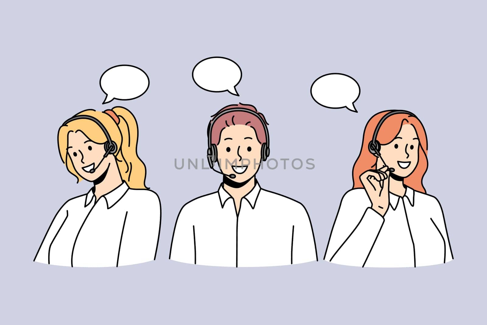 Customer service and call center concept. Group of young people workers in headsets communicating with clients trying to solve problems vector illustration