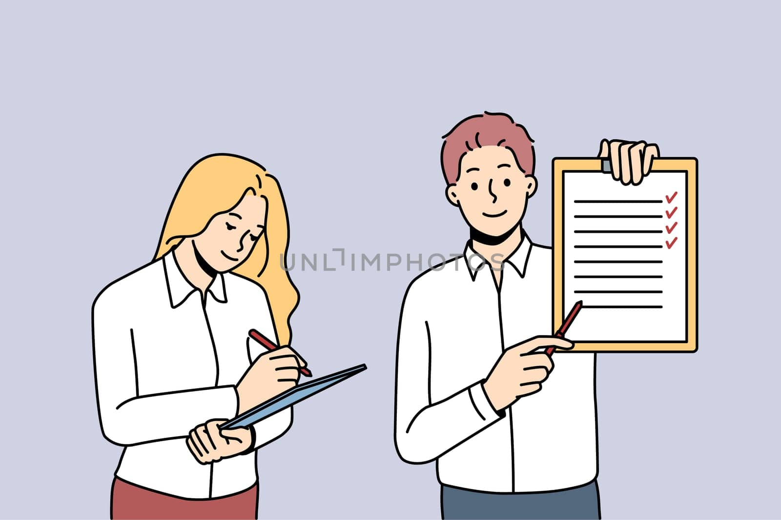Business training and coach concept. Young smiling businessman coach trainer standing and showing presentation teaching young woman worker vector illustration