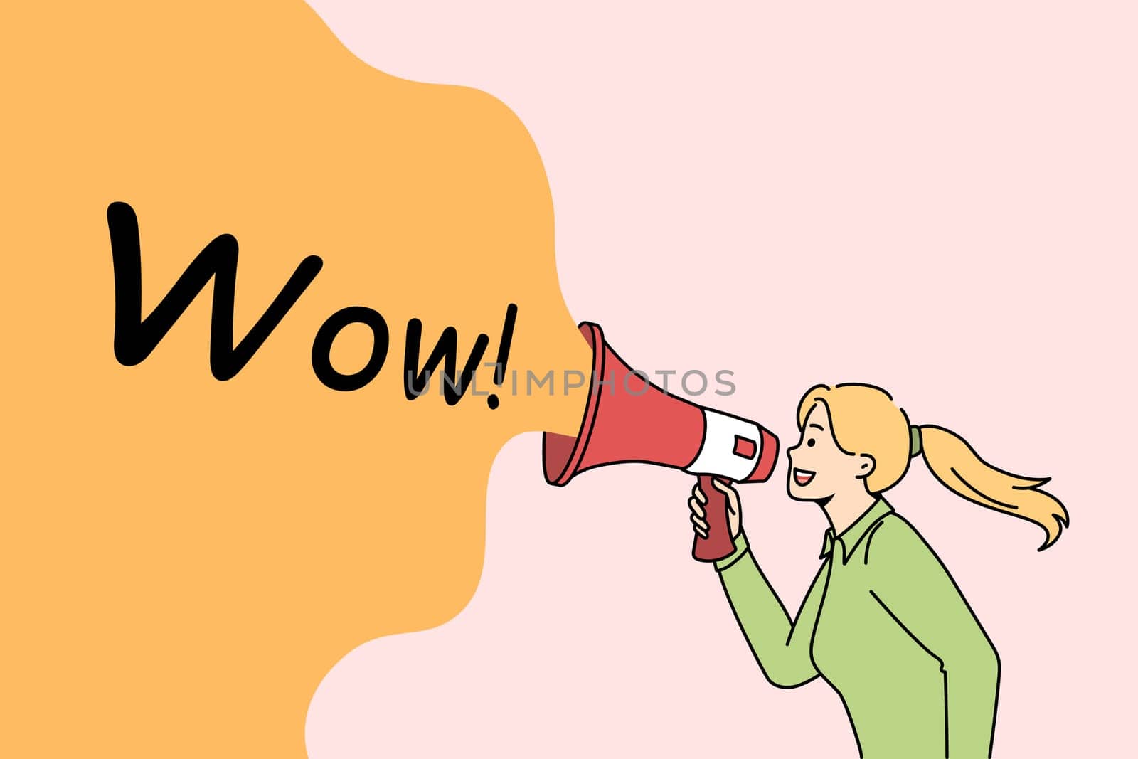 Announcement Getting attention and promotion concept. Young businesswoman standing and shouting at megaphone speaker with wow lettering sign vector illustration