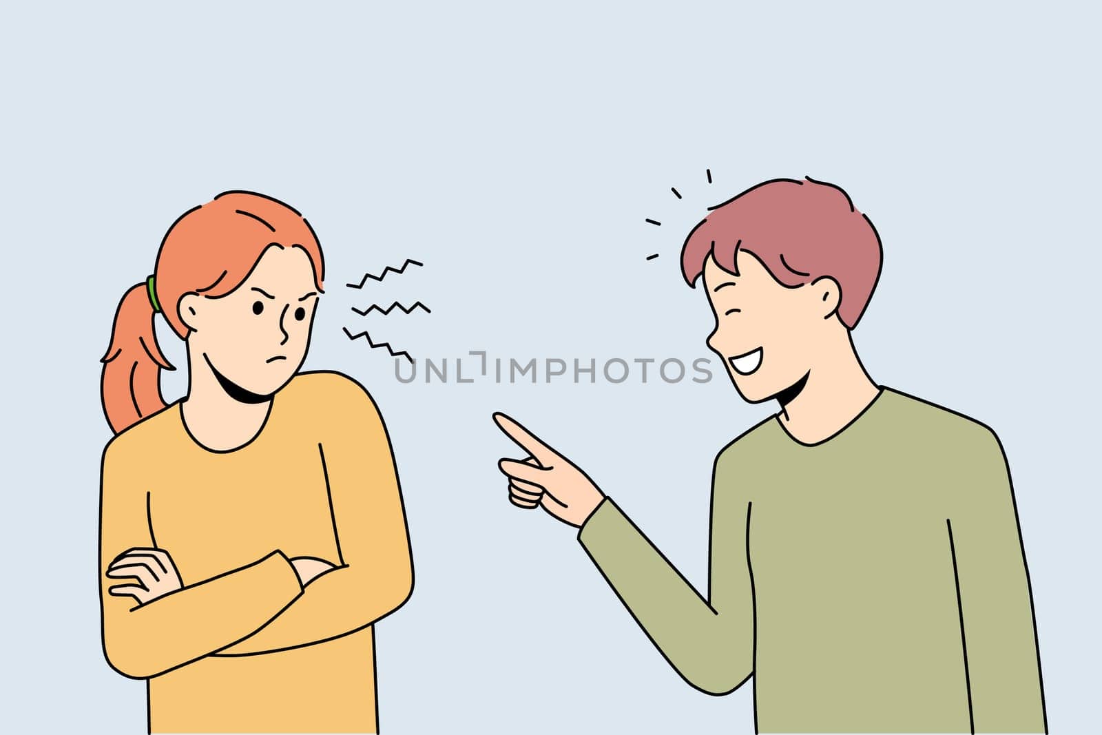 Having fun and laughing concept. Smiling boy standing pointing at irritated stressed girl having fun and kidding having problems in communication vector illustration