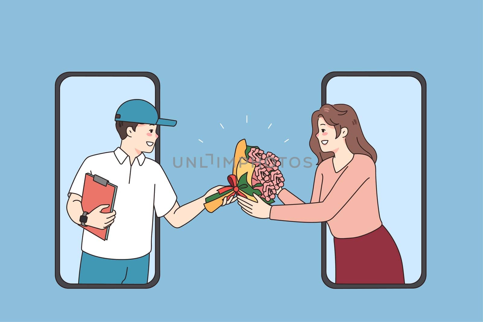 Smiling deliveryman give flowers to excited woman make order online on smartphone. Happy man courier delver bouquet to female client with mobile cellphone app. Flat vector illustration.