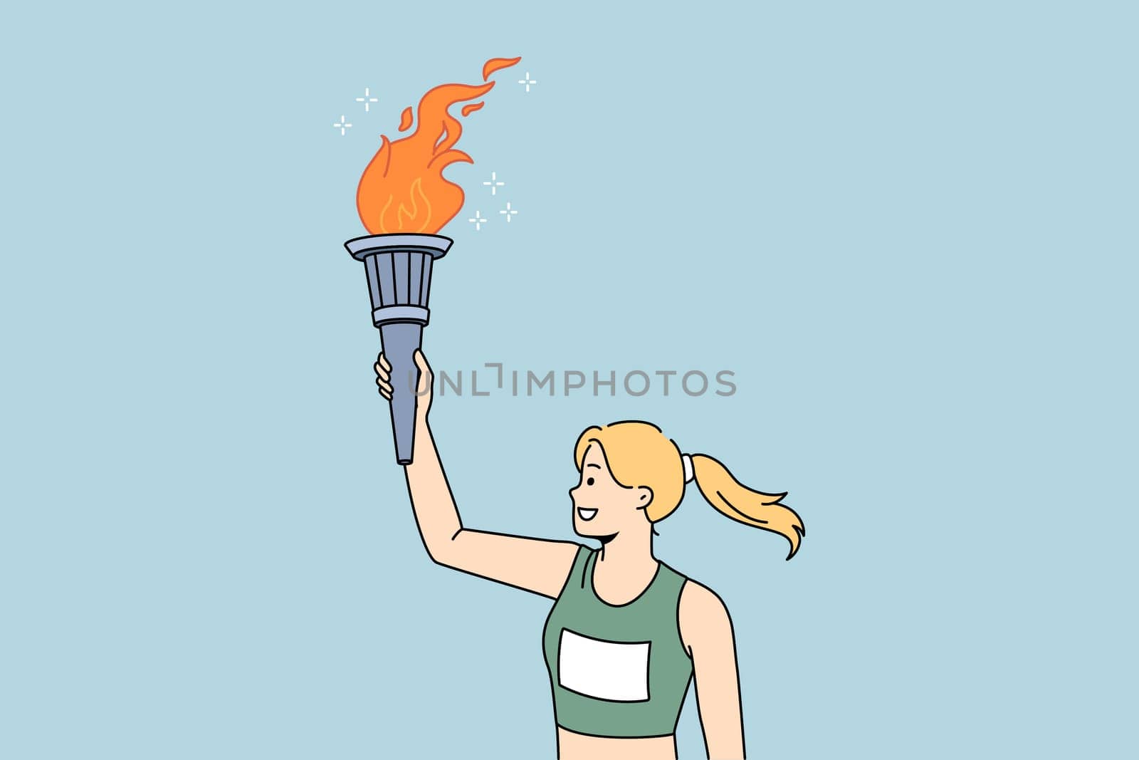 Olympic fire and flame concept. Young smiling girl athlete in sportswear holding olympic torch in raised hand over blue background vector illustration