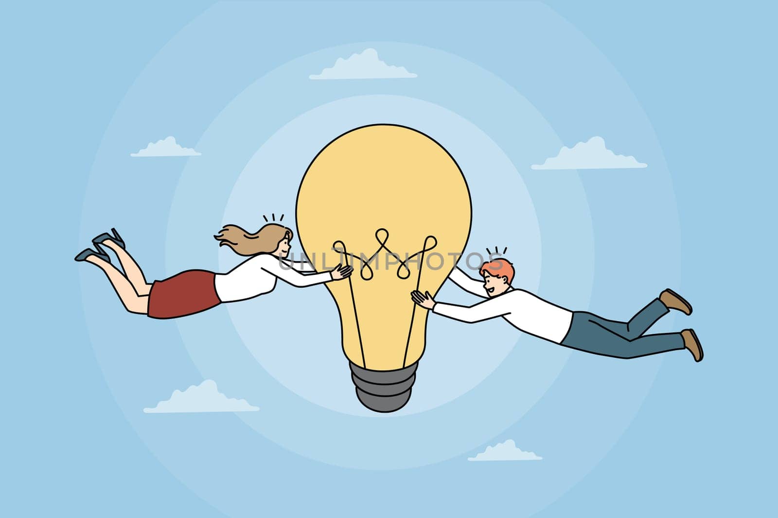 Business creativity and Teamwork concept. Young smiling partners colleagues teammates having great innovative idea reaching for success in business vector illustration
