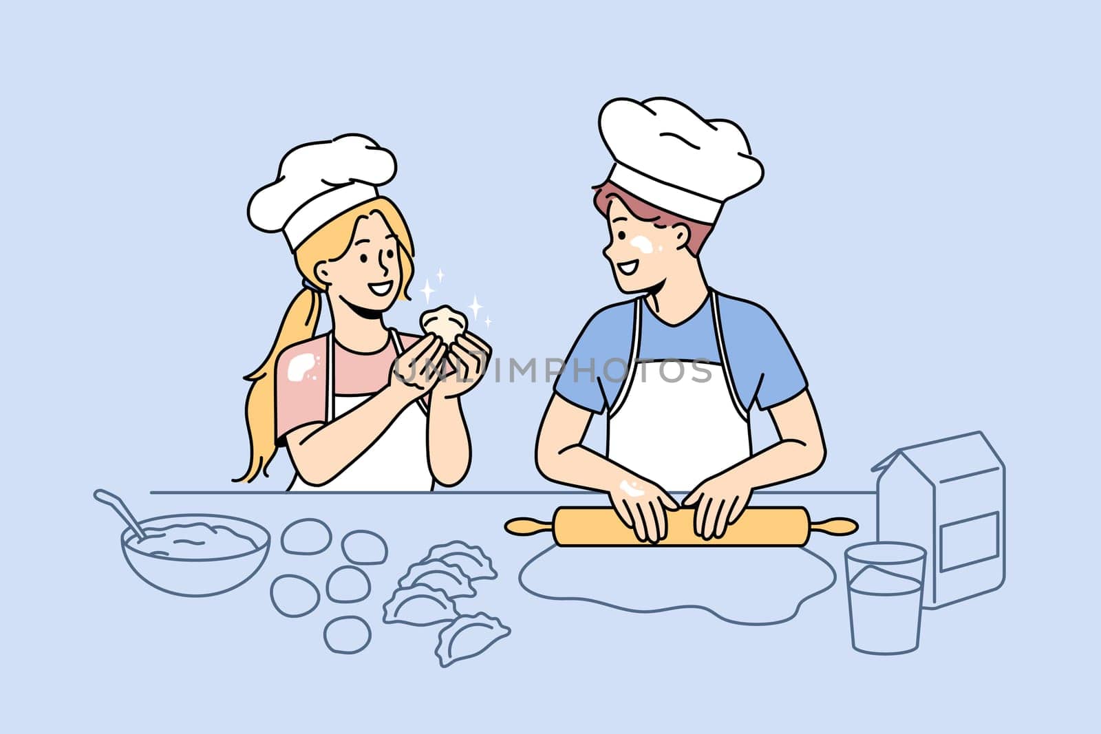 Baking and leisure fun concept. Happy excited children kids standing wearing chef hats cooking baking dumplings together in kitchen vector illustration