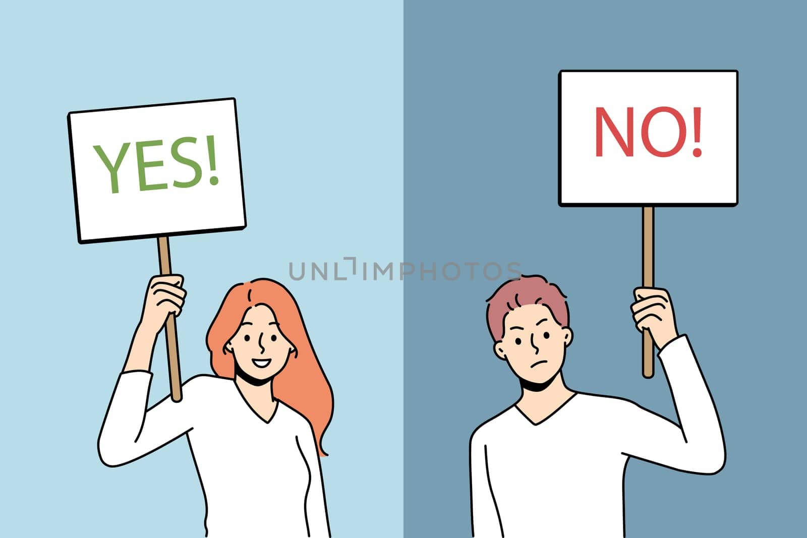 Saying yes or no concept. Young positive woman holding yes sign when negative man holding no sign in hands opposite decisions vector illustration