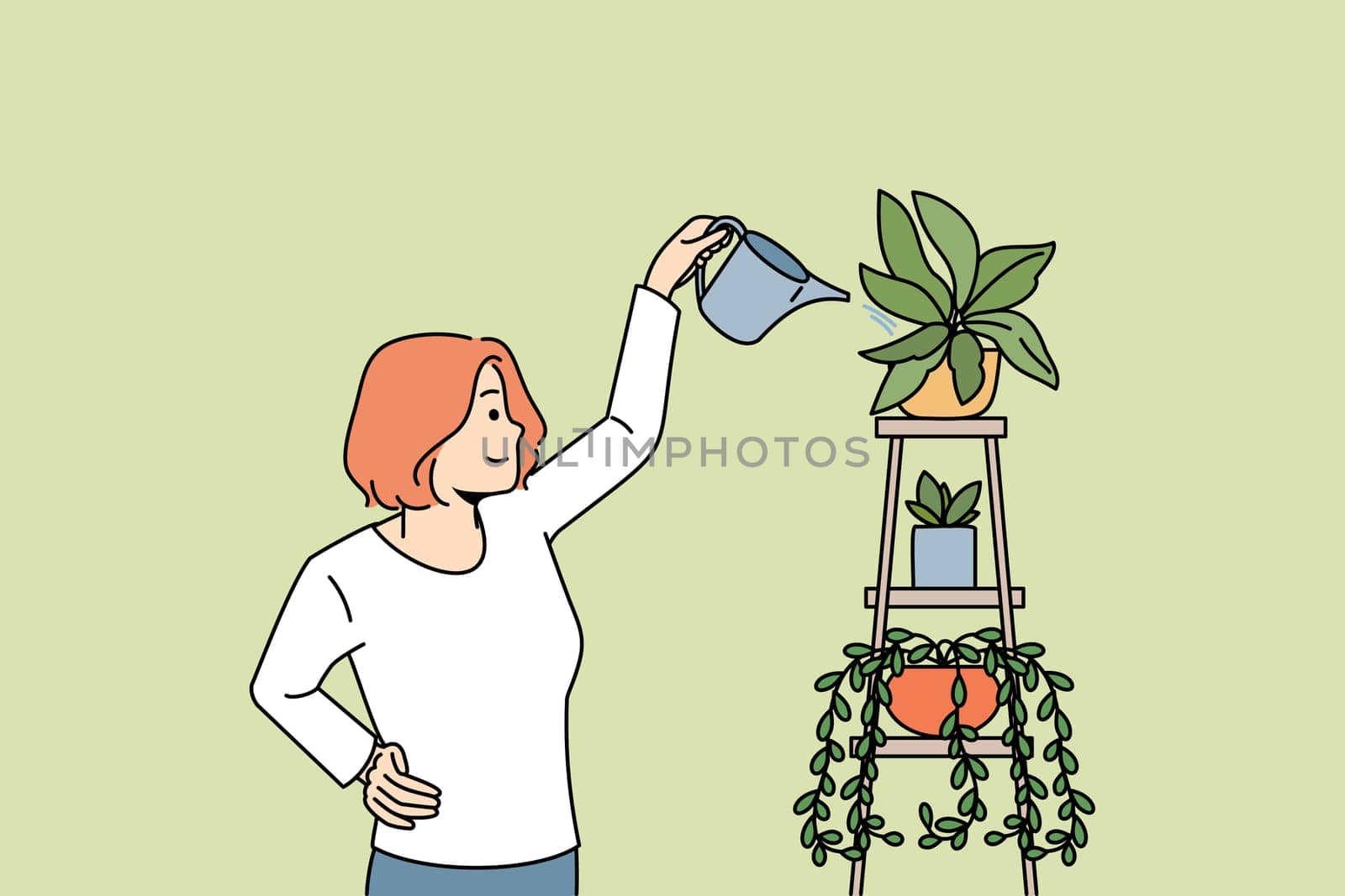 House plants and botany concept. Smiling woman standing and watering green growing house plants with can taking care vector illustration