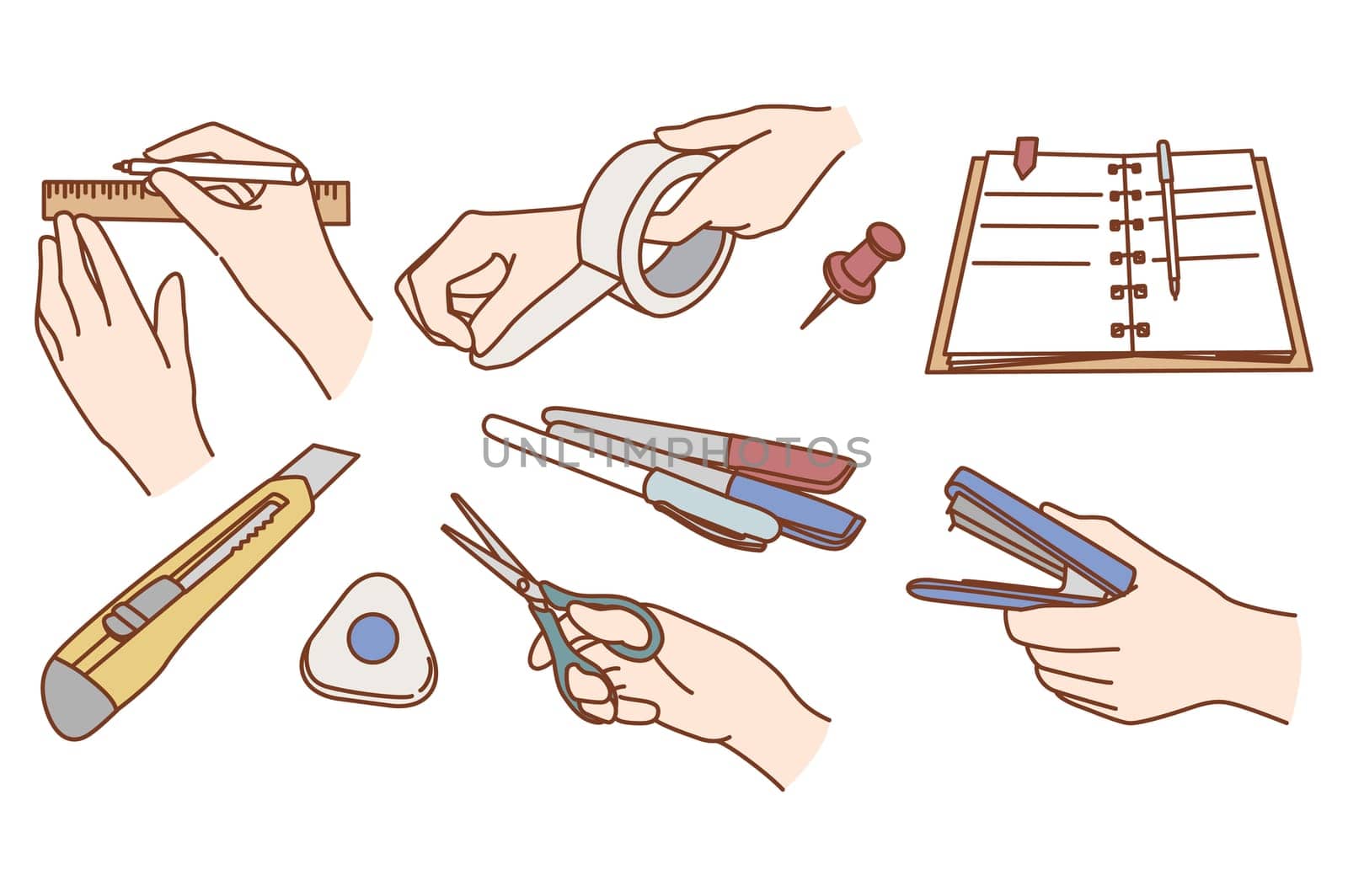 Set of person hand with diverse stationery study or work at desk. Collection of office supplies with student or pupil. Writing equipment for business or school. Flat vector illustration.