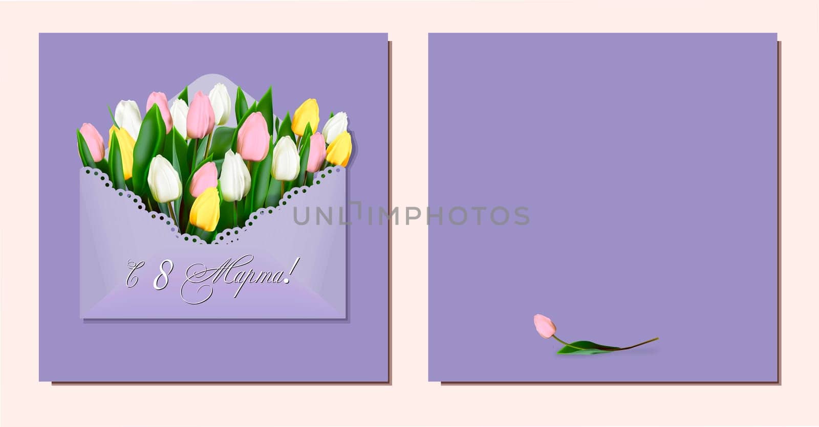 March 8 banner background design. From March 8 in Russian. Template for advertising, online advertising, social networks and fashion advertising. International Women's Day. Spring women's holiday.