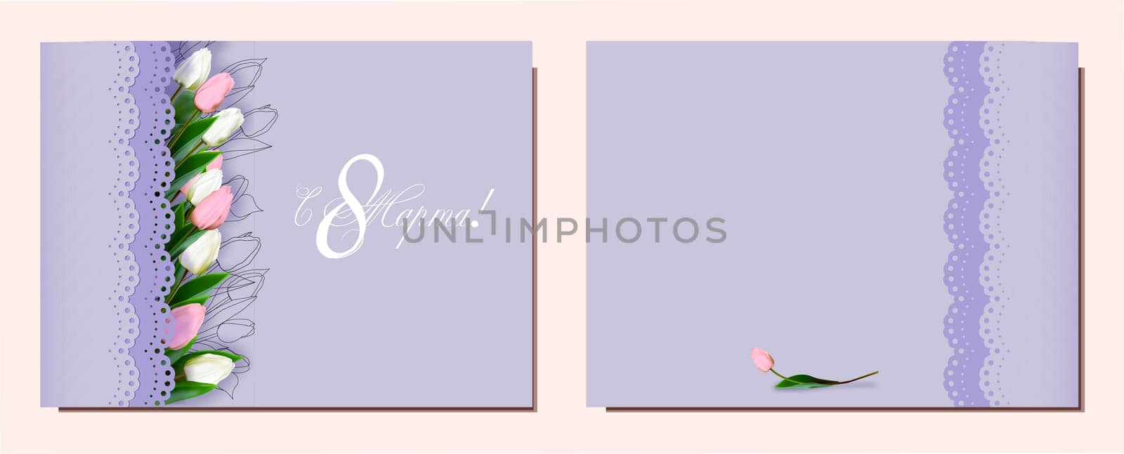 March 8 banner background design. From March 8 in Russian. Template for advertising, online advertising, social networks and fashion advertising. International Women's Day. Spring women's holiday.