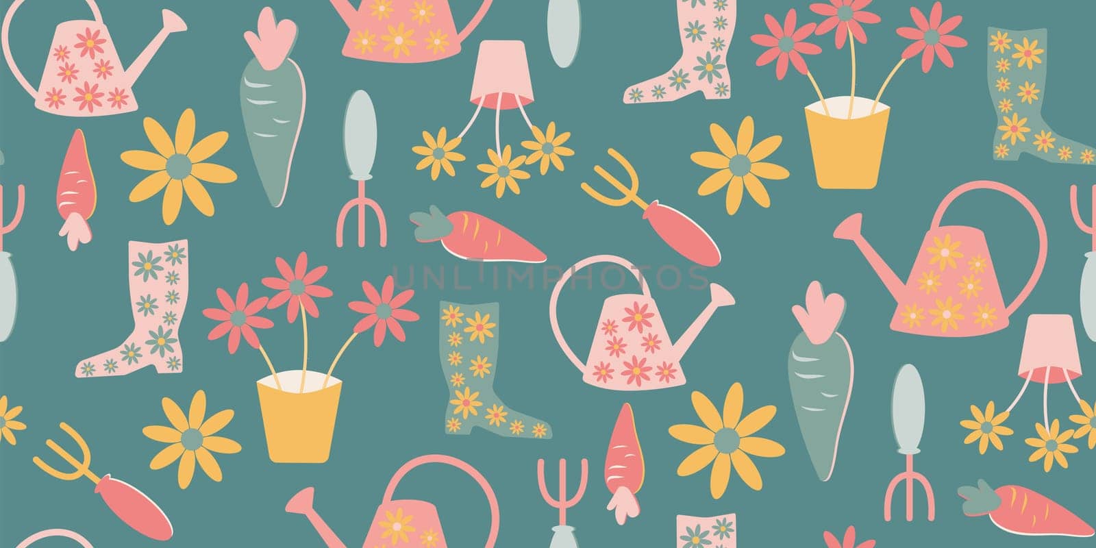 Gardening symbols seamless repeating pattern illustration on dark blue background