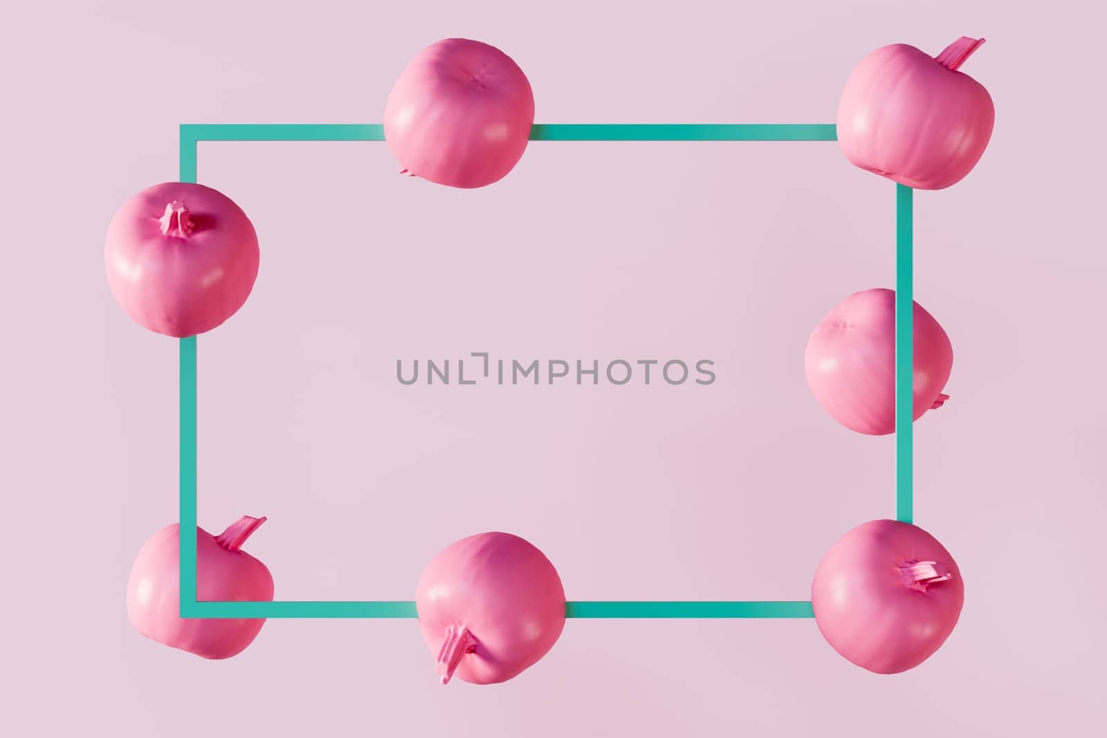 3D rendering of flying pumpkins around a golden rectangle frame. Usable for product or text promotion or showcase