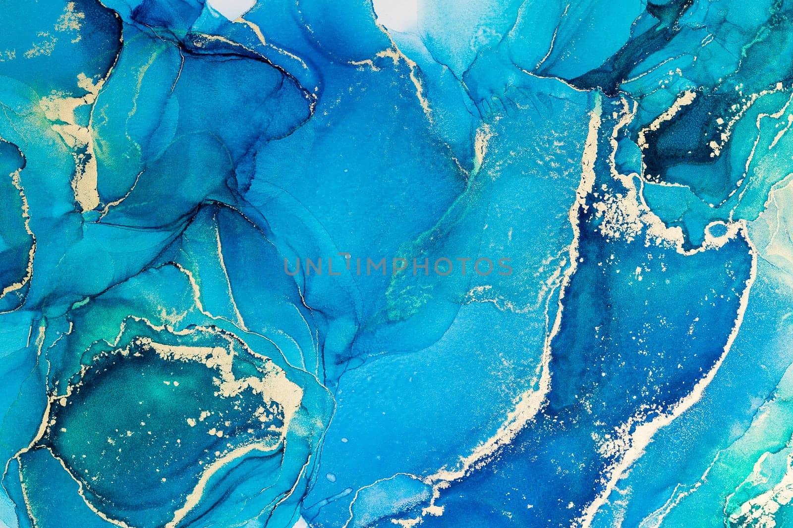 Alcohol ink painting with blue and turquoise colors with gold metallic glitter