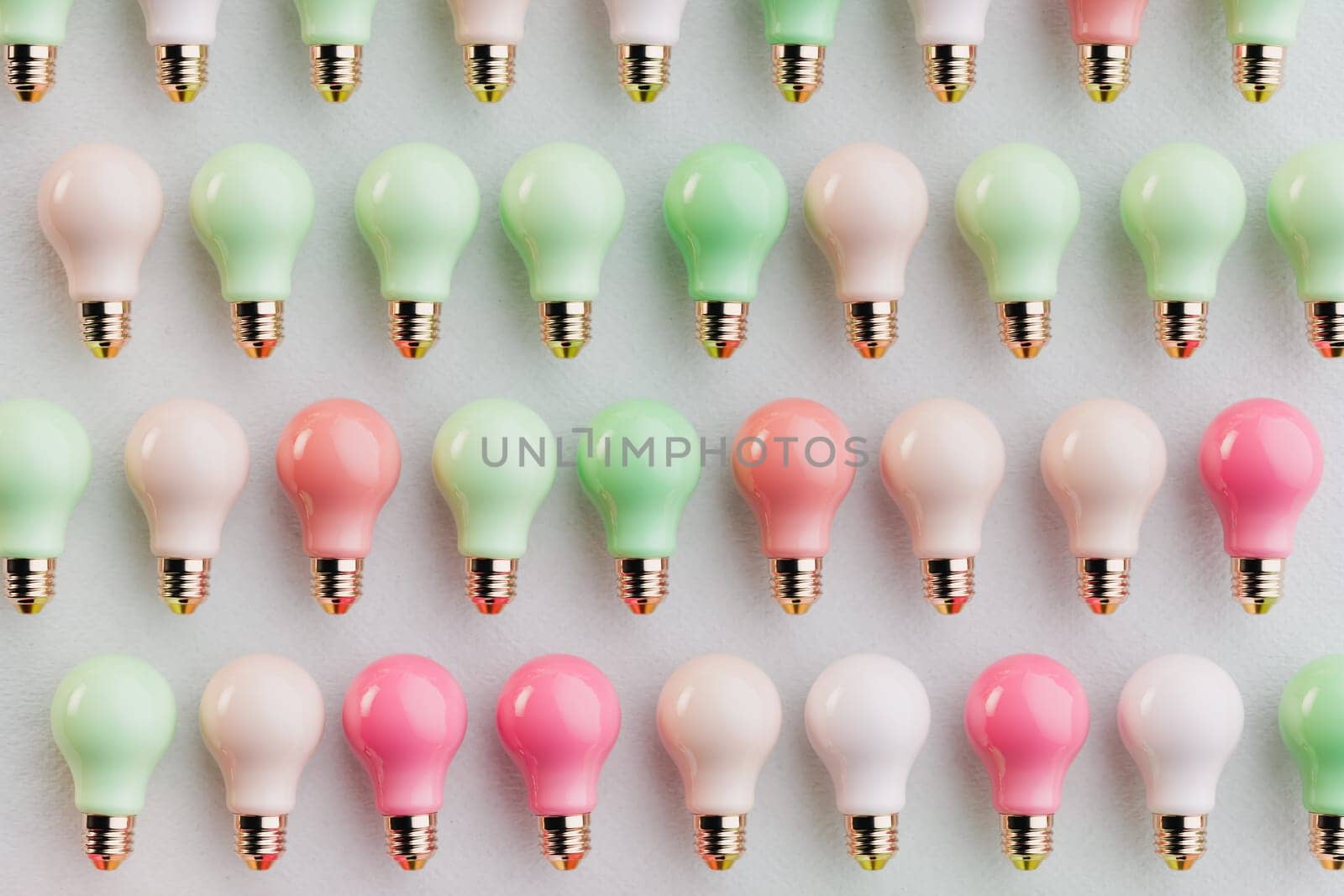 Pastel light bulbs flat lay conceptual 3D illustration