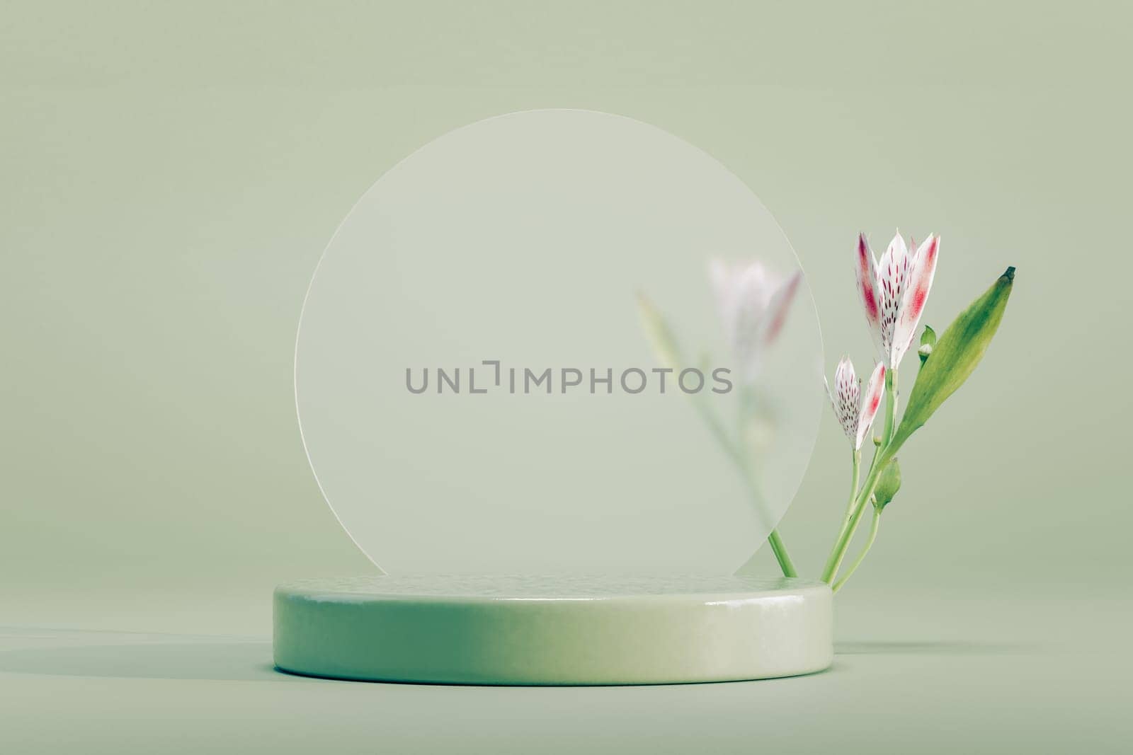 Podium pedestal product mock up display with flowers, 3d illustration
