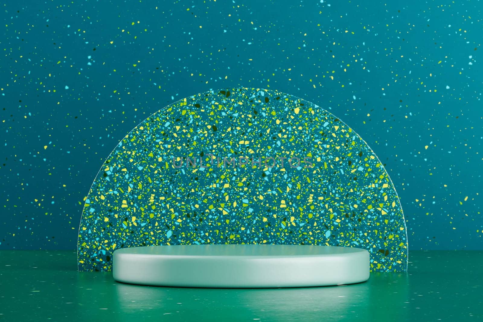 Podium pedestal product mock up display with a half circle terrazzo backdrop, 3d illustration
