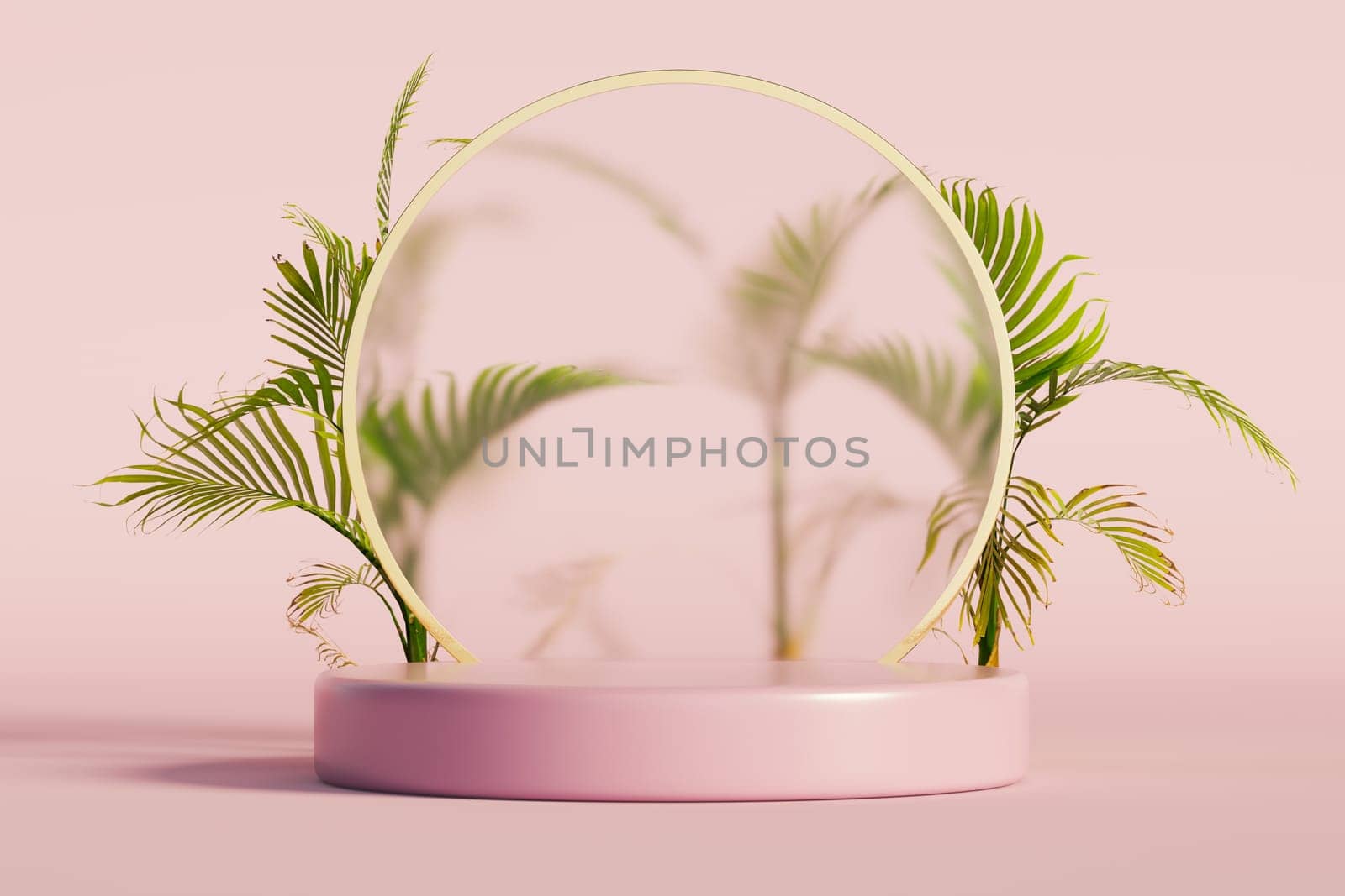Podium pedestal product mock up display with round frosted glass and tropical leaves, 3d illustration