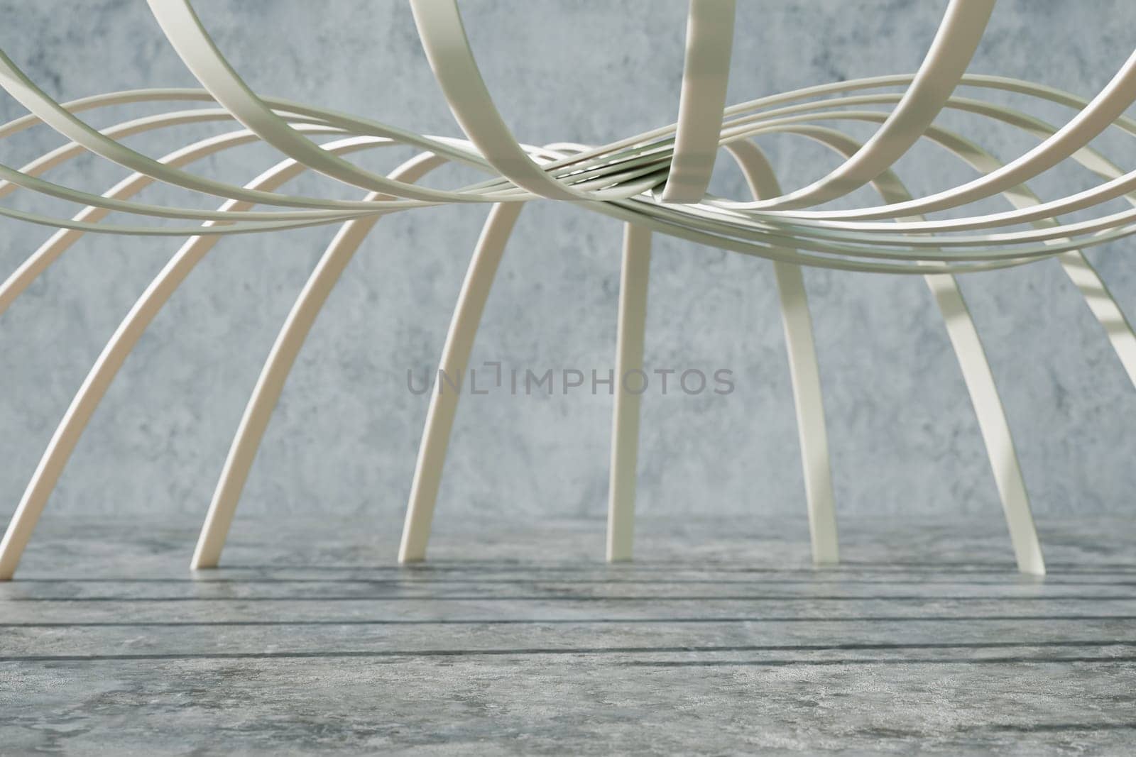 Empty abstract room with concrete walls and floor and elegant wavy roof structure, 3D illustration