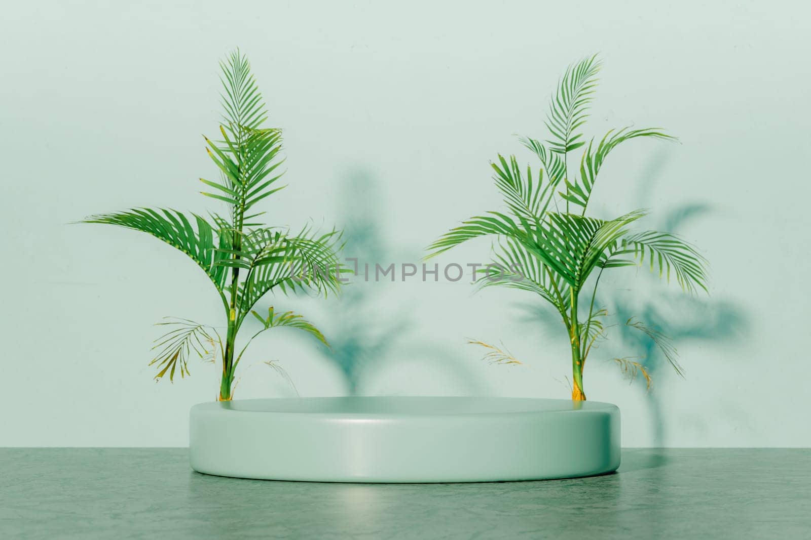 Podium pedestal product mock up display with tropical plants, 3d illustration