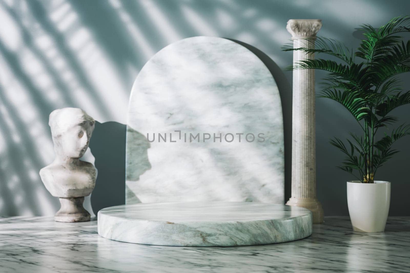 Podium pedestal product mock up display with ancient Greek statue, interior trend Hellenistic appeal, 3d illustration