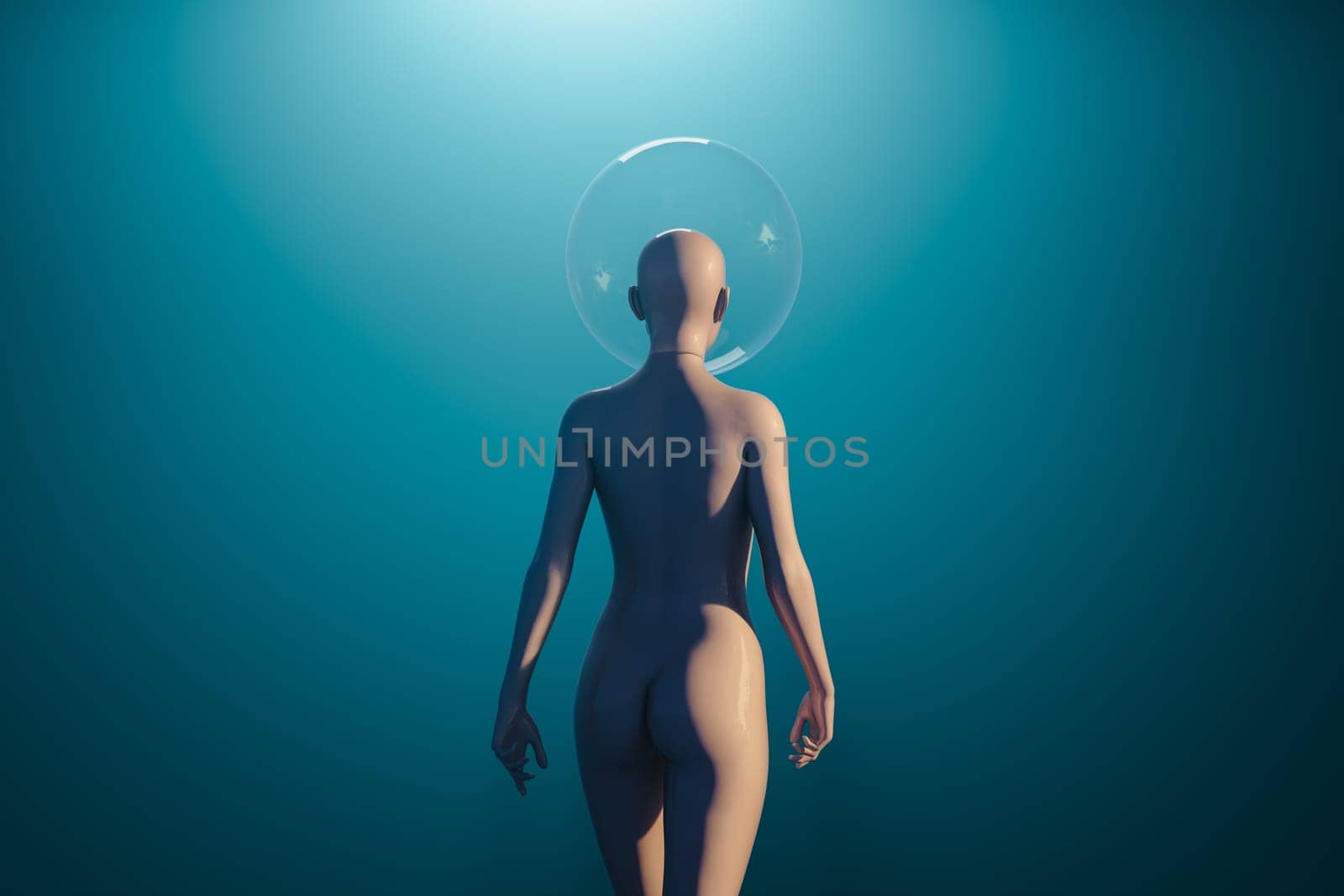 3D illustration of a female humanoid walking in space with a glass dome on her head. She has shiny skin and walks towards the light into the unknown