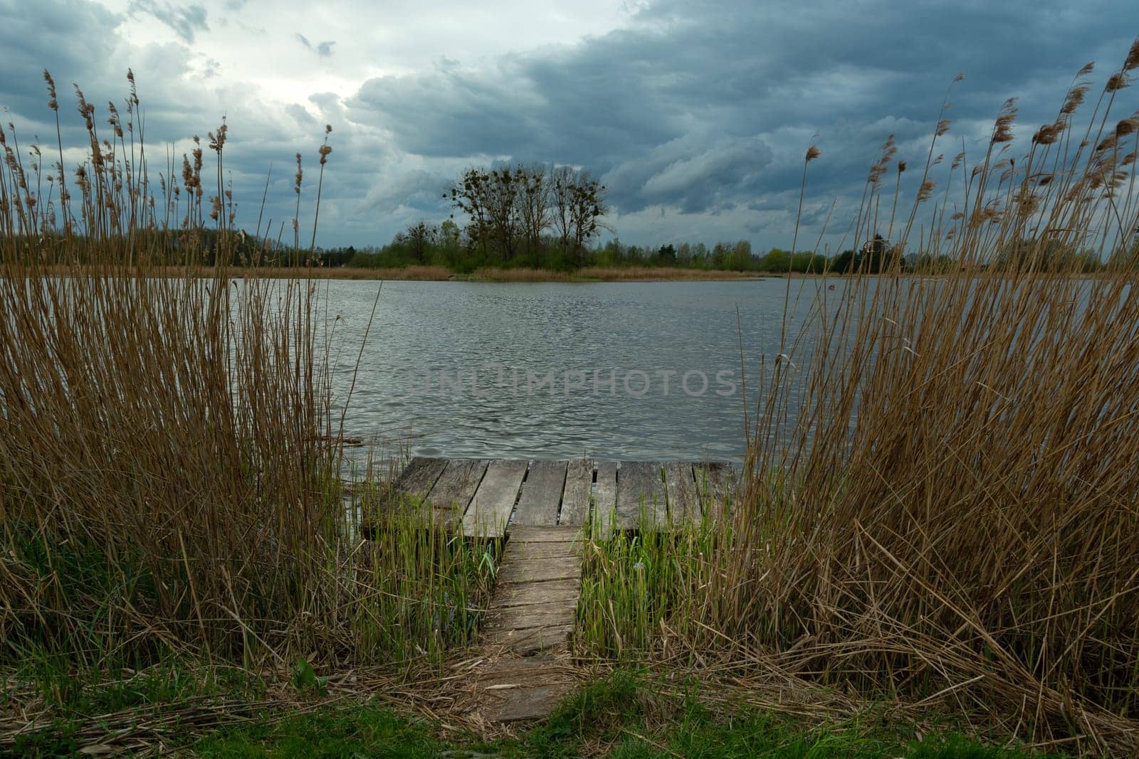 A small fishing pier in the reeds and cloudy sky, spring day