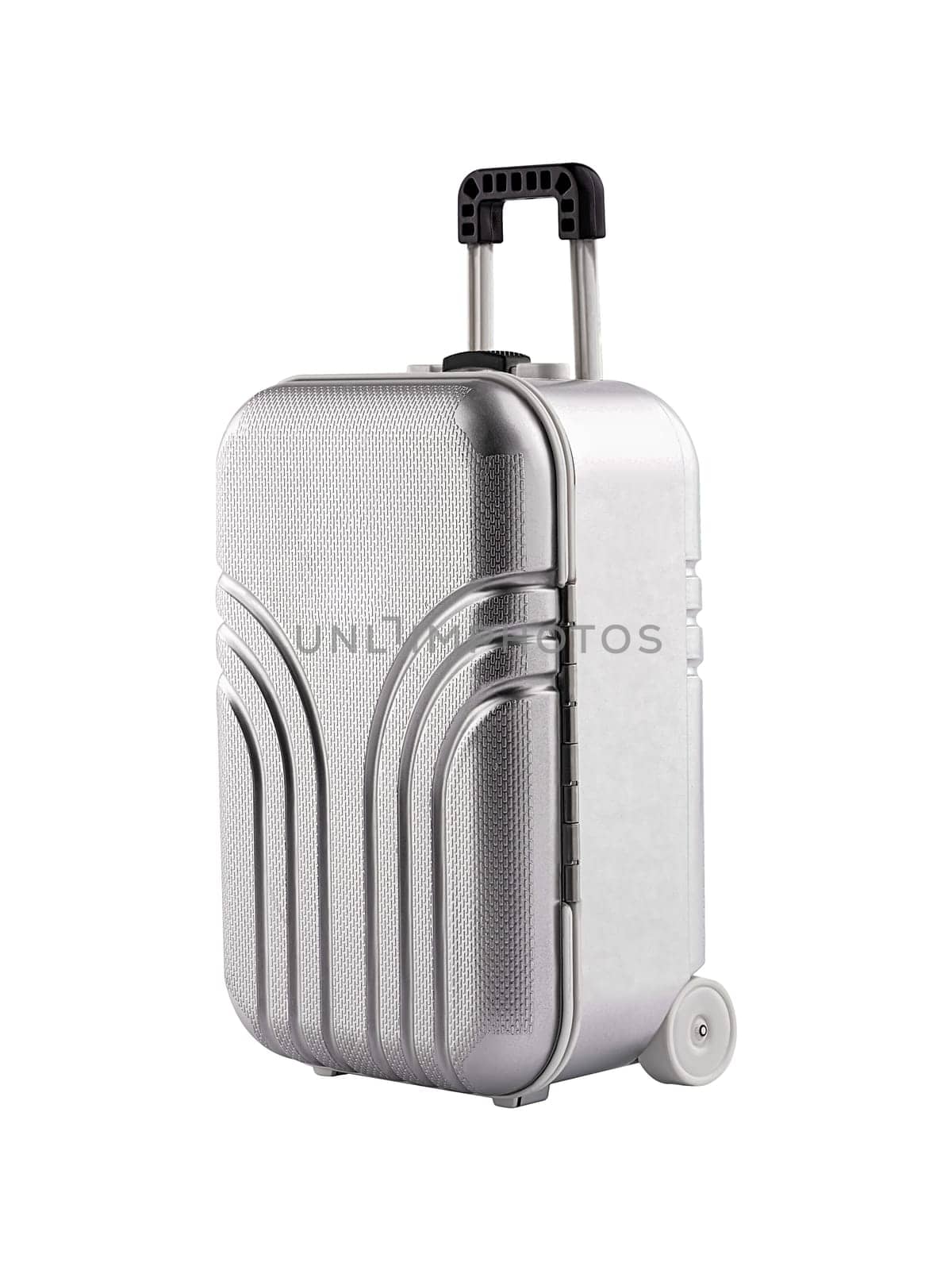 Gray standing closed plastic suitcase with handle and wheels side view isolated