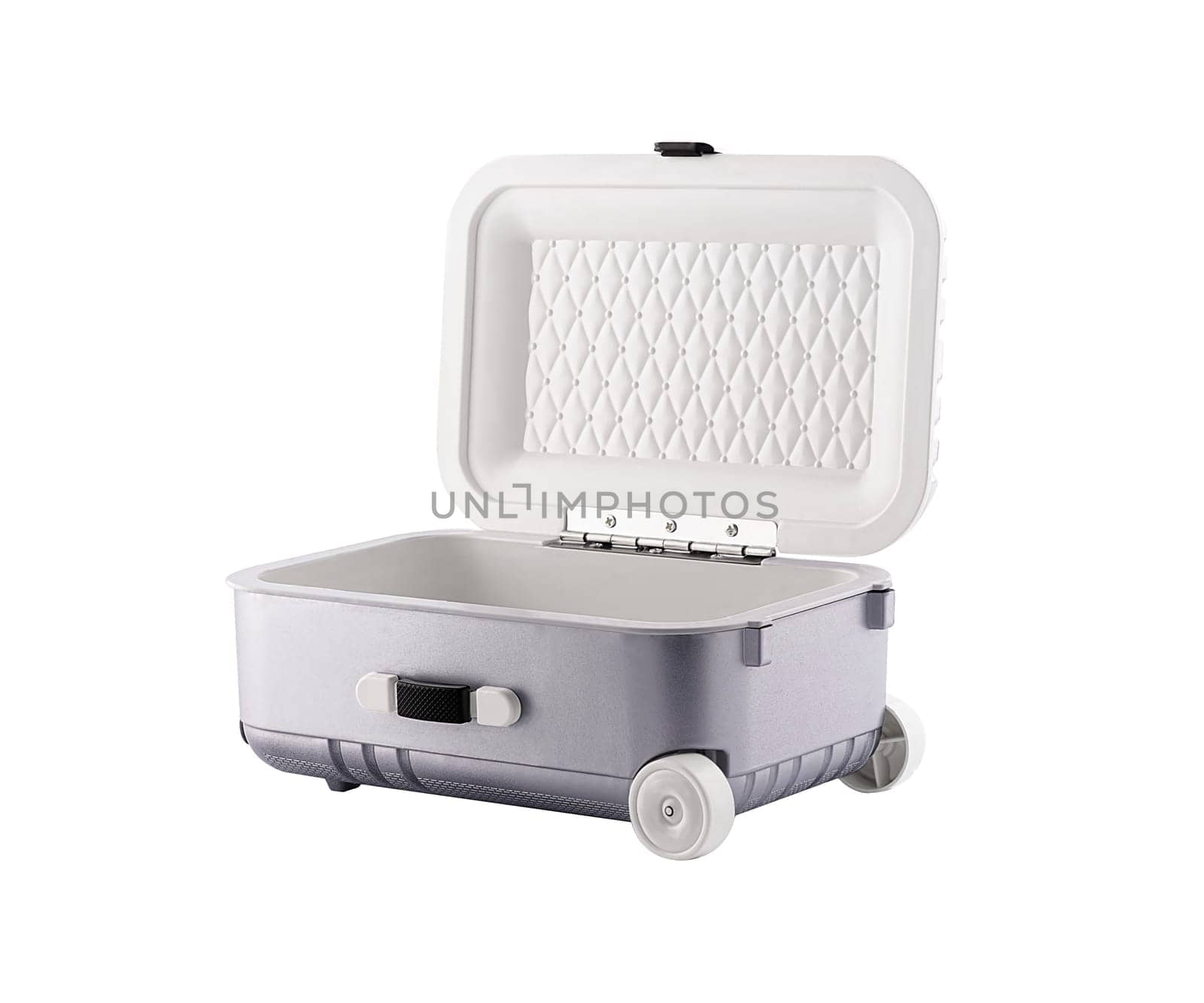 Open empty gray plastic suitcase on wheels isolated