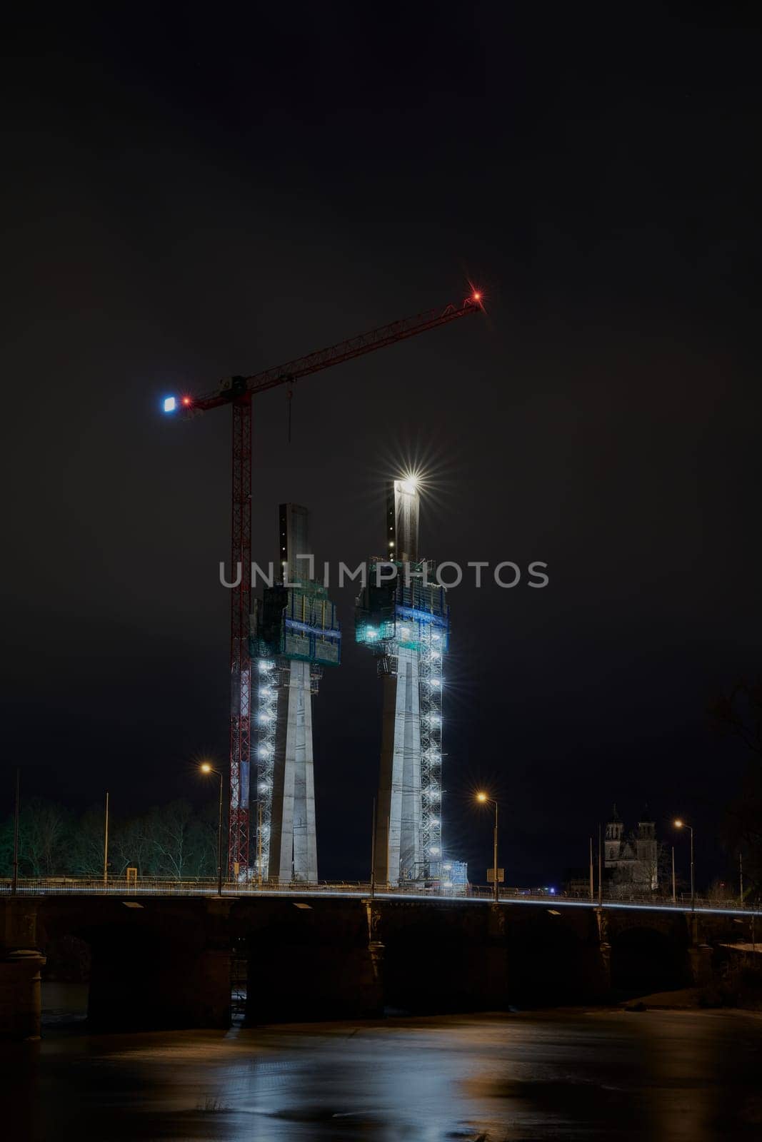 Construction site of the new pylon bridge, the new landmark of the city, over the river Elbe in Magdeburg