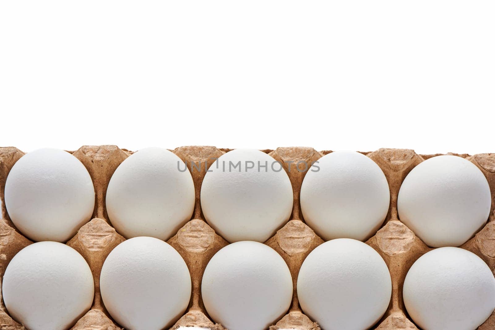 A dozen white eggs on a cardboard stand on a white isolated background. High quality photo