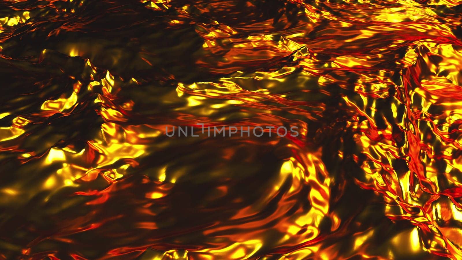 Dynamic bursts with 3d render with bright gradient and glow. Wavy textures on luxurious surface with golden highlights. Futuristic sea at dazzling blurred sunset.