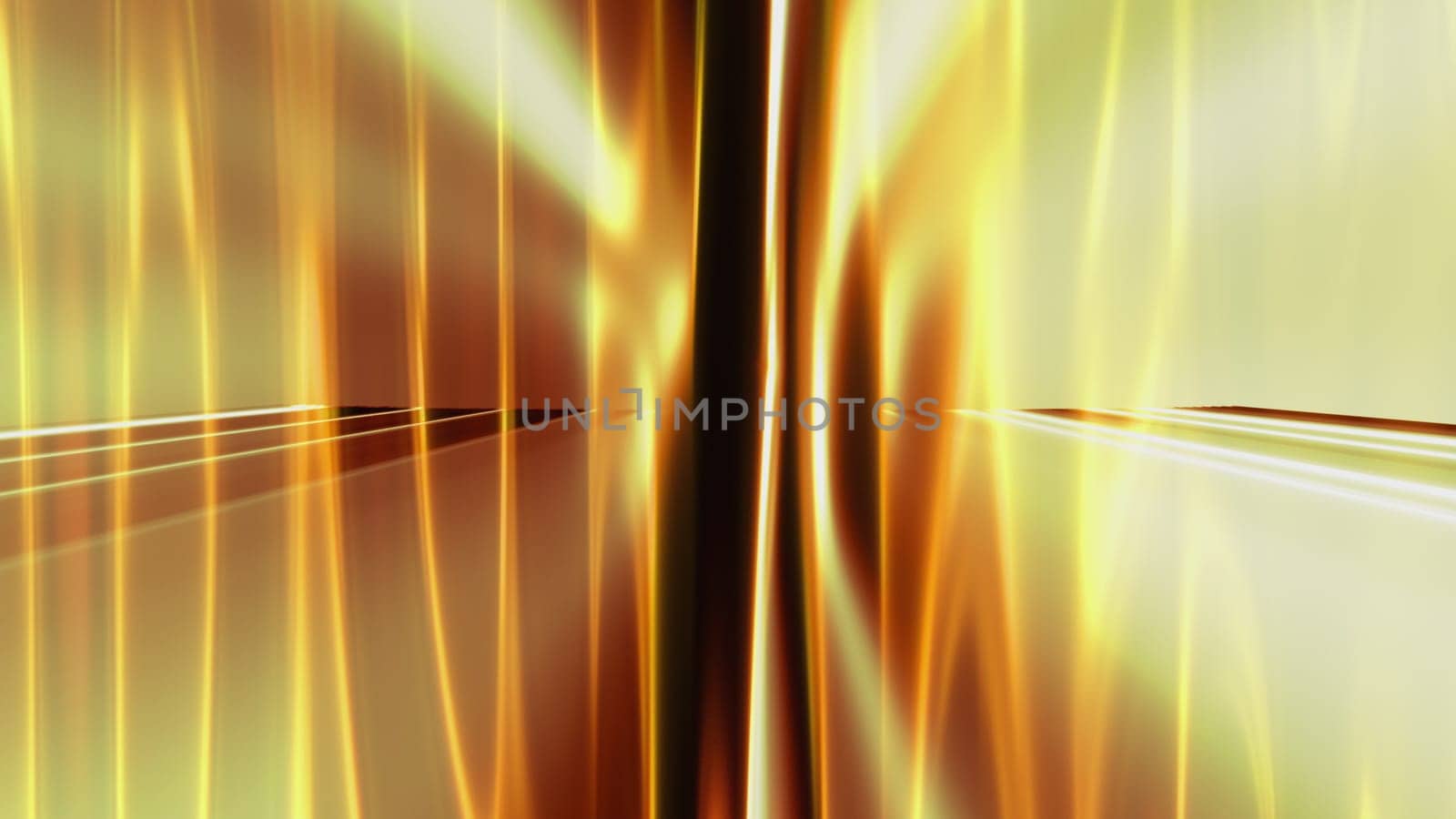 Flowing abstract lines with 3d render wavy curvature and vibrant gradient. Reflecting futuristic stripes from golden water surface. Decorative dynamic interior in digital presentation.